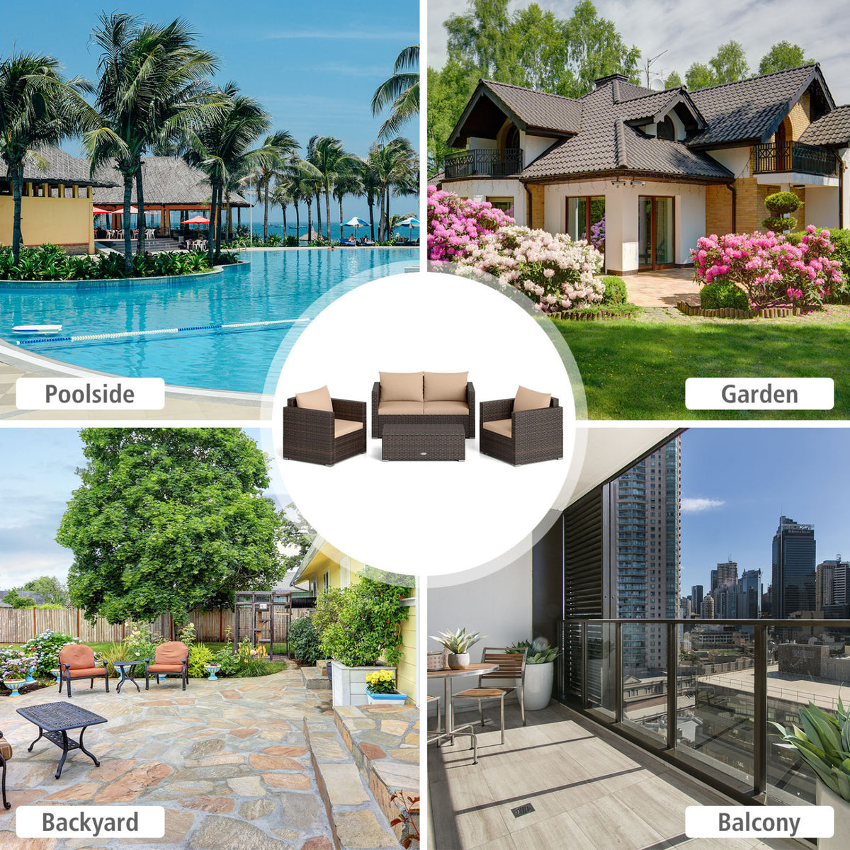 Brown rattan seating set shown in a central inset among poolside, garden, backyard and balcony scenes.