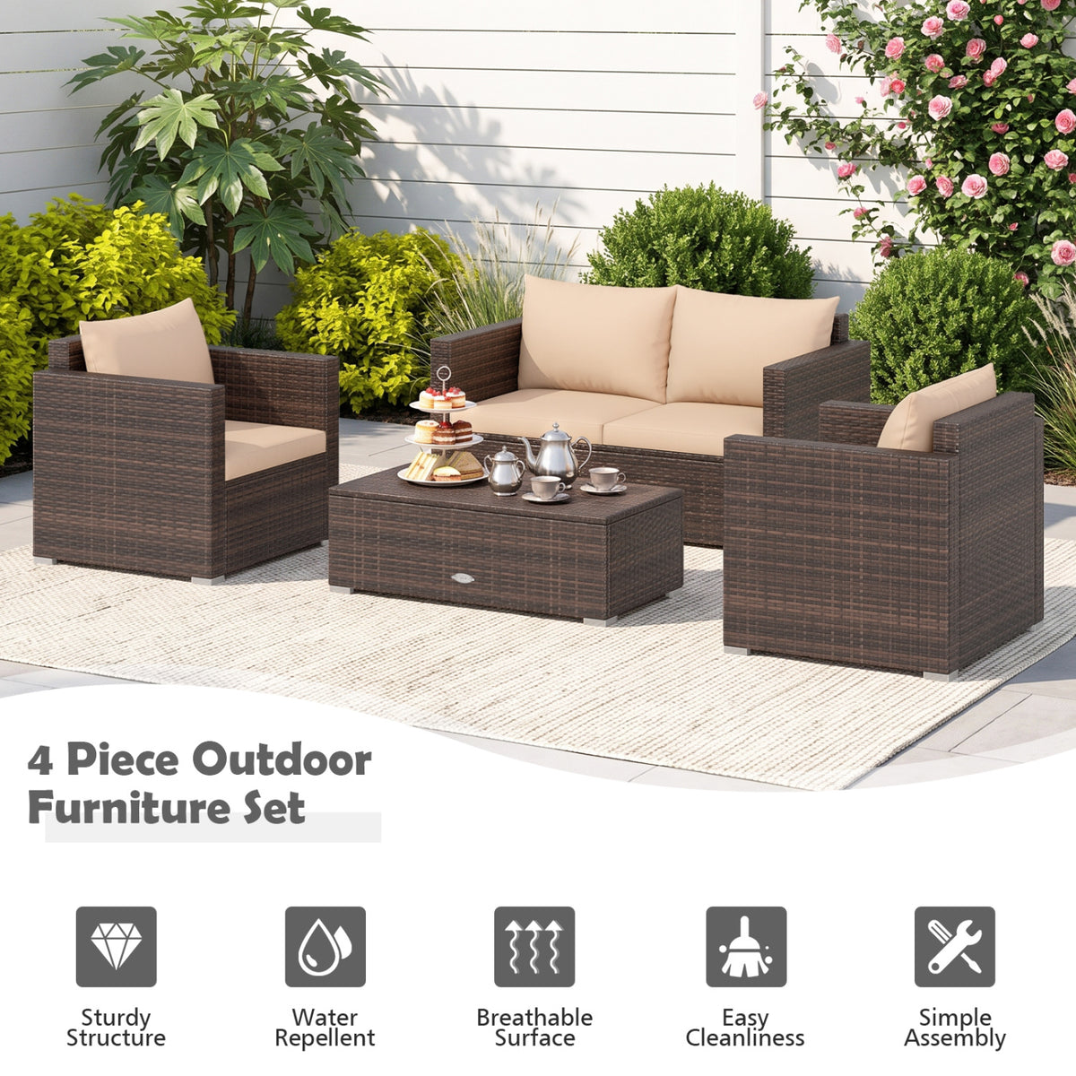 Brown woven outdoor sofa and two armchairs with beige cushions surround a low rectangular coffee table.