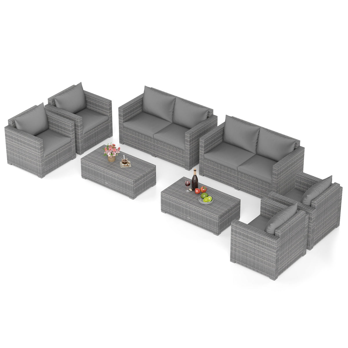 Gray PE rattan patio seating set arranged against a plain white background