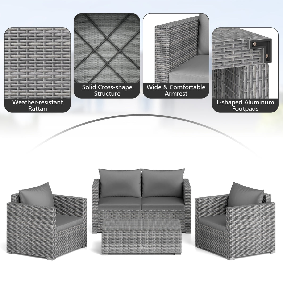 Close-up details of gray woven rattan, sofa armrests and aluminum foot pads