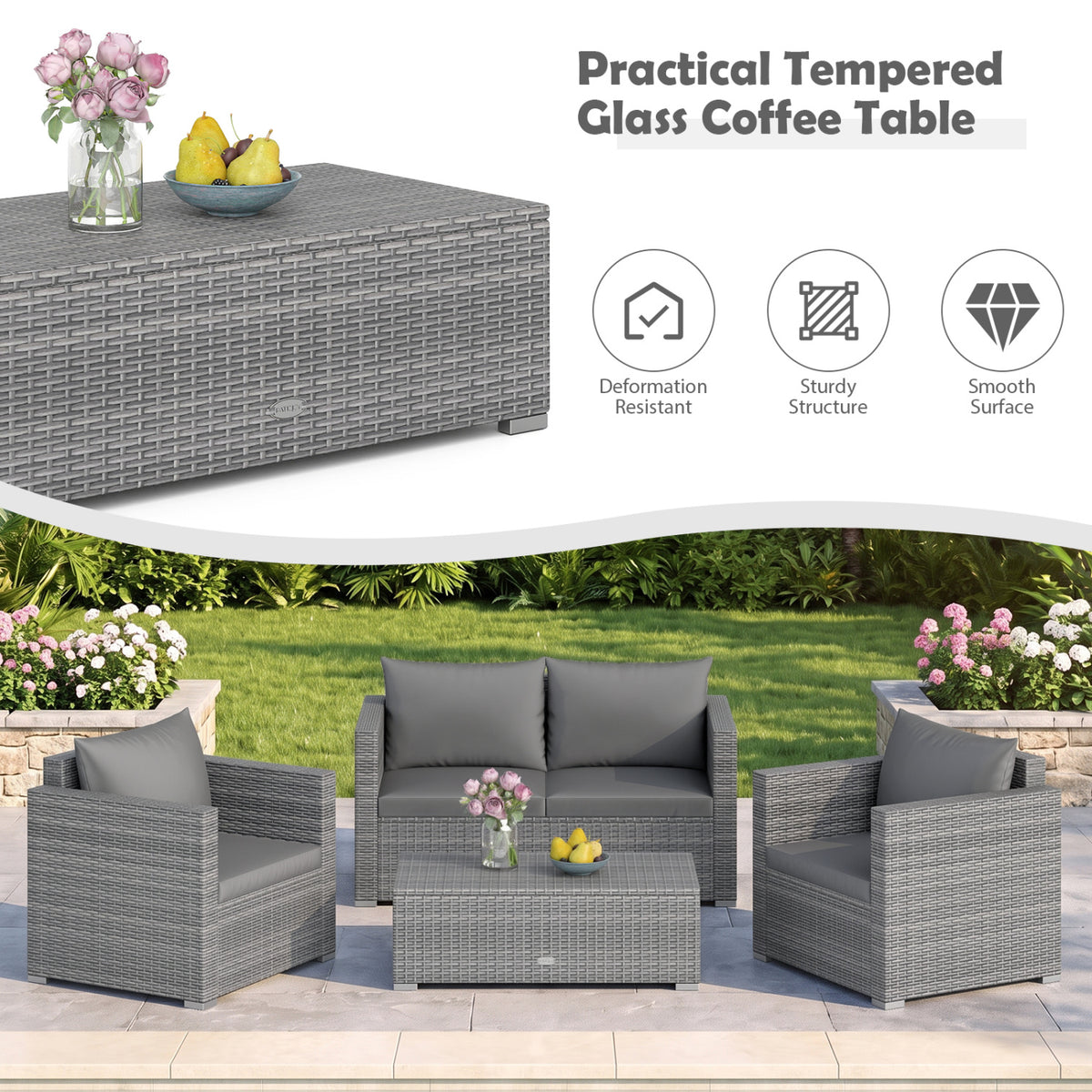Gray woven coffee table beside the matching patio sofa and chairs outdoors