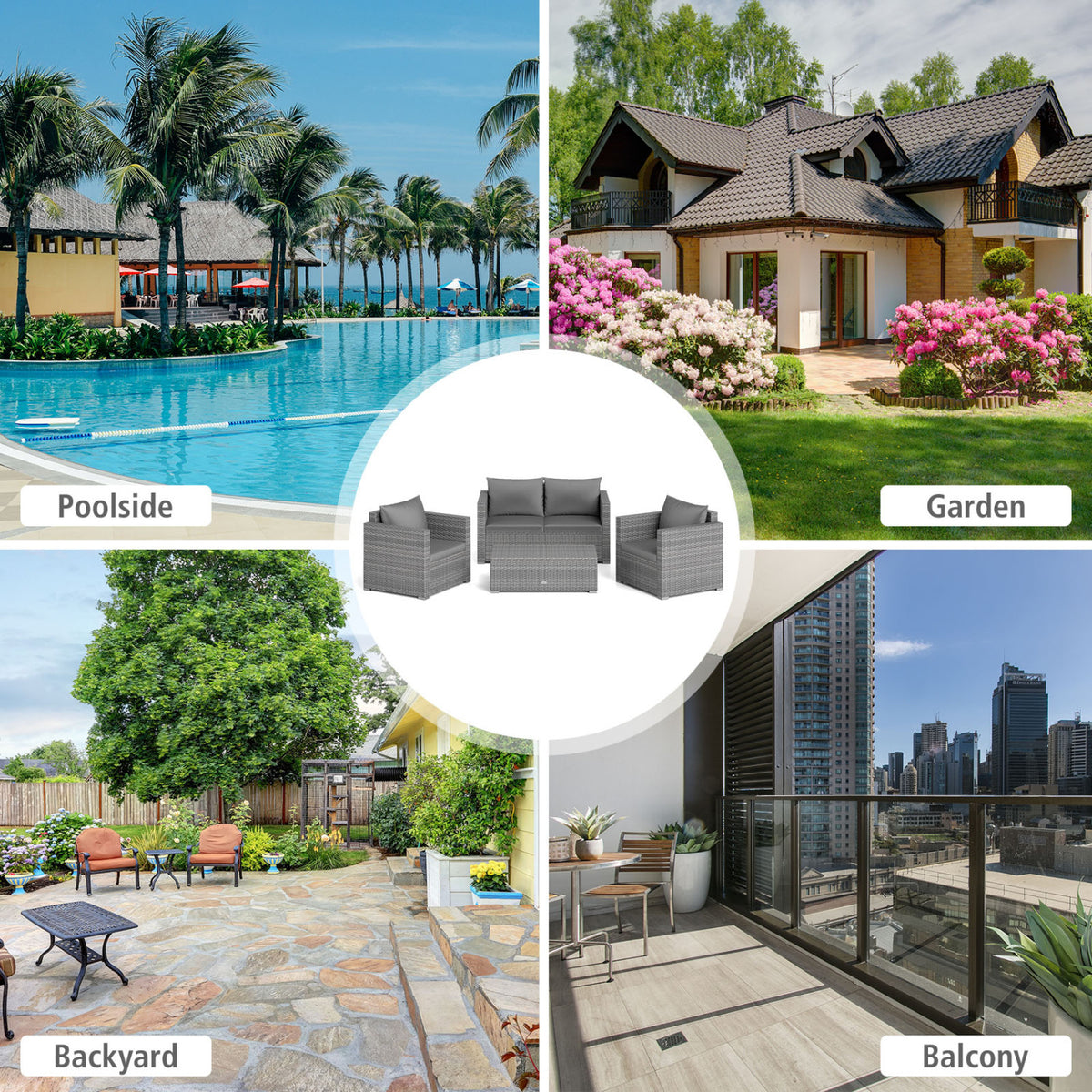 Gray patio conversation set shown in poolside, garden, backyard and balcony settings