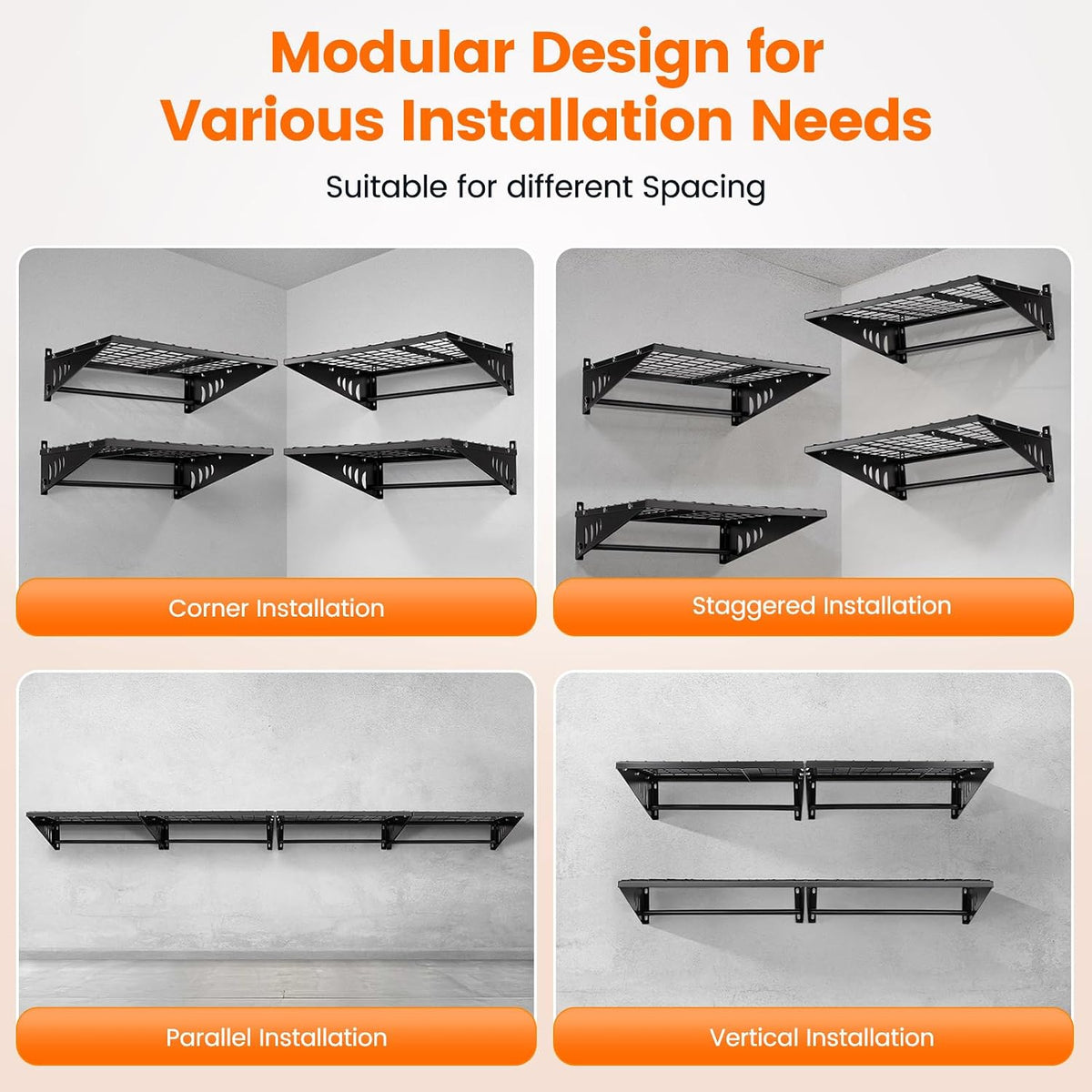Four installation examples showing corner, staggered, parallel and vertical wall-mounted shelf arrangements