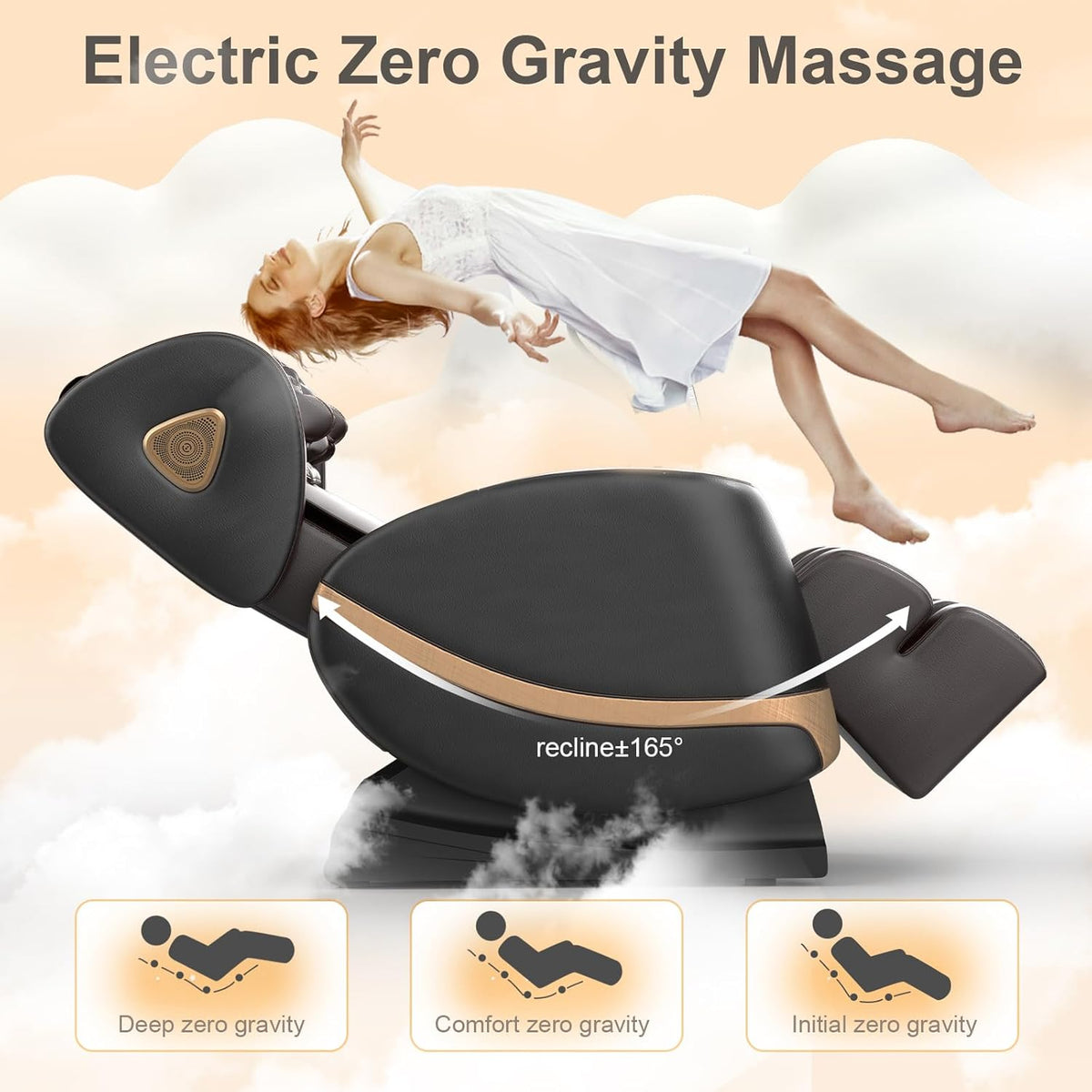 Side profile of the chair reclined with a zero-gravity angle graphic and motorized footrest extended
