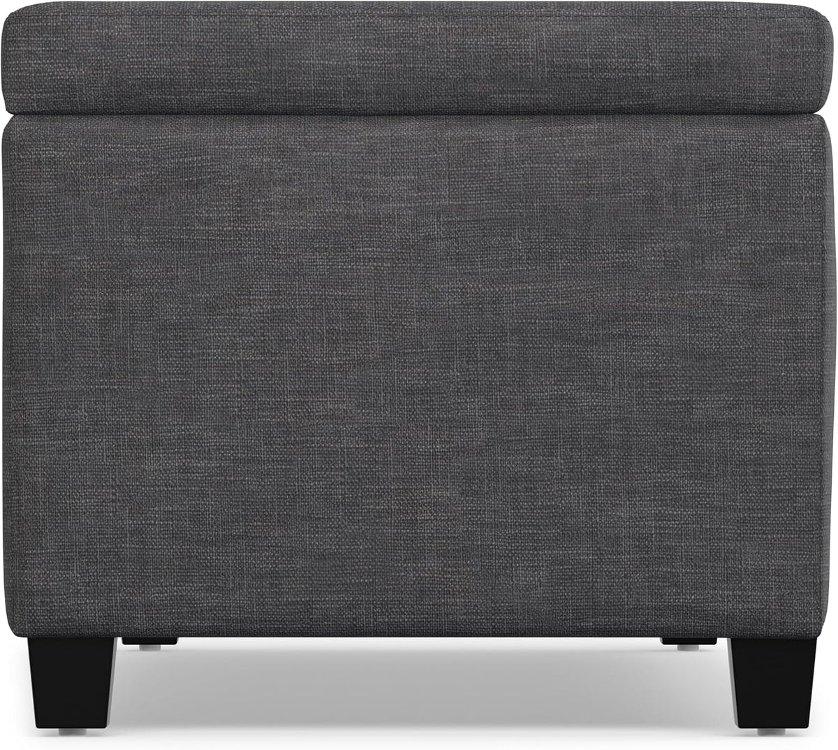 End view of a rectangular slate-grey fabric storage ottoman on black tapered legs.