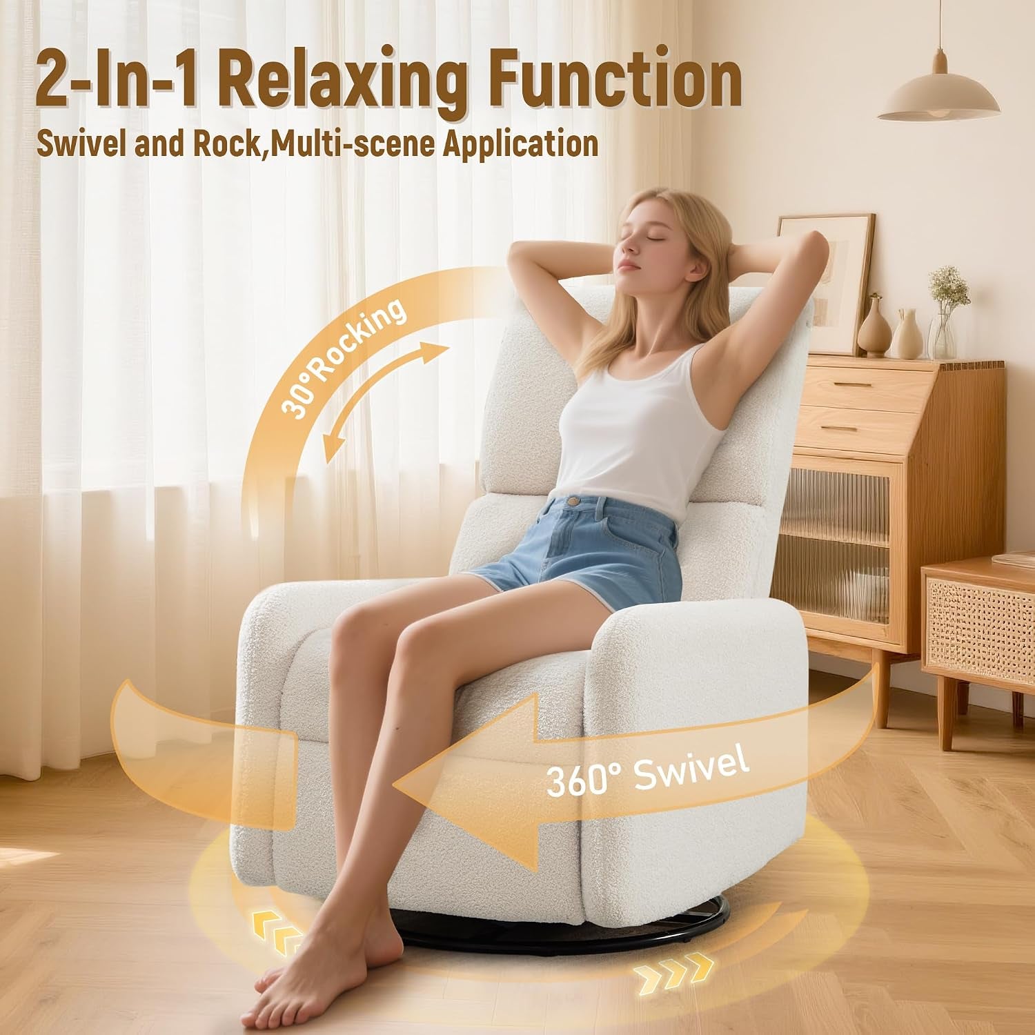 Woman reclining barefoot in the sherpa swivel rocker demonstrating rocking motion and 360° swivel graphics.