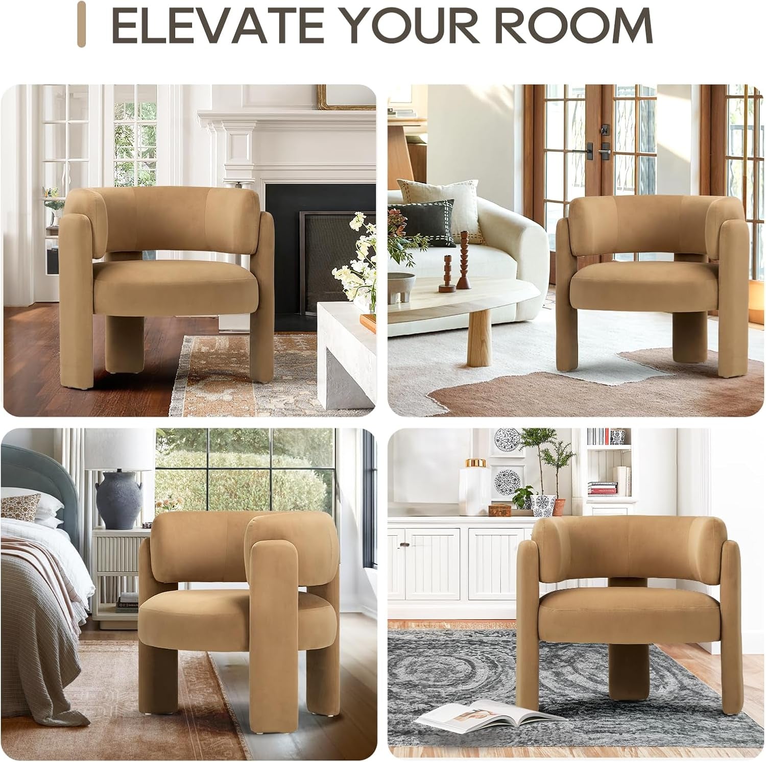 Four lifestyle shots showing the khaki chair placed in different rooms and angles to illustrate styling options
