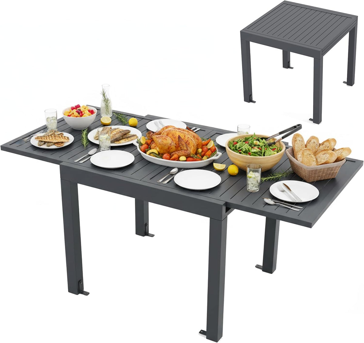 Studio view of the fully extended dark gray table set with dishes and food; inset shows the compact square form.