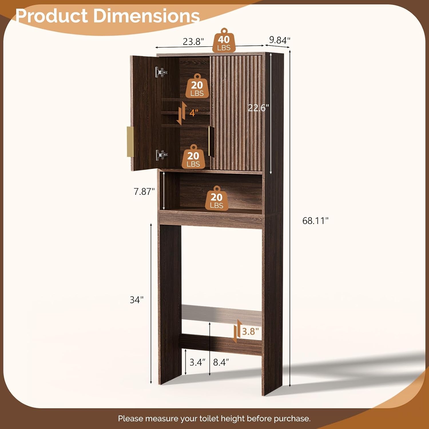 Graphic diagram showing product dimensions and labeled measurements with adjustable bottom bar and shelf capacities