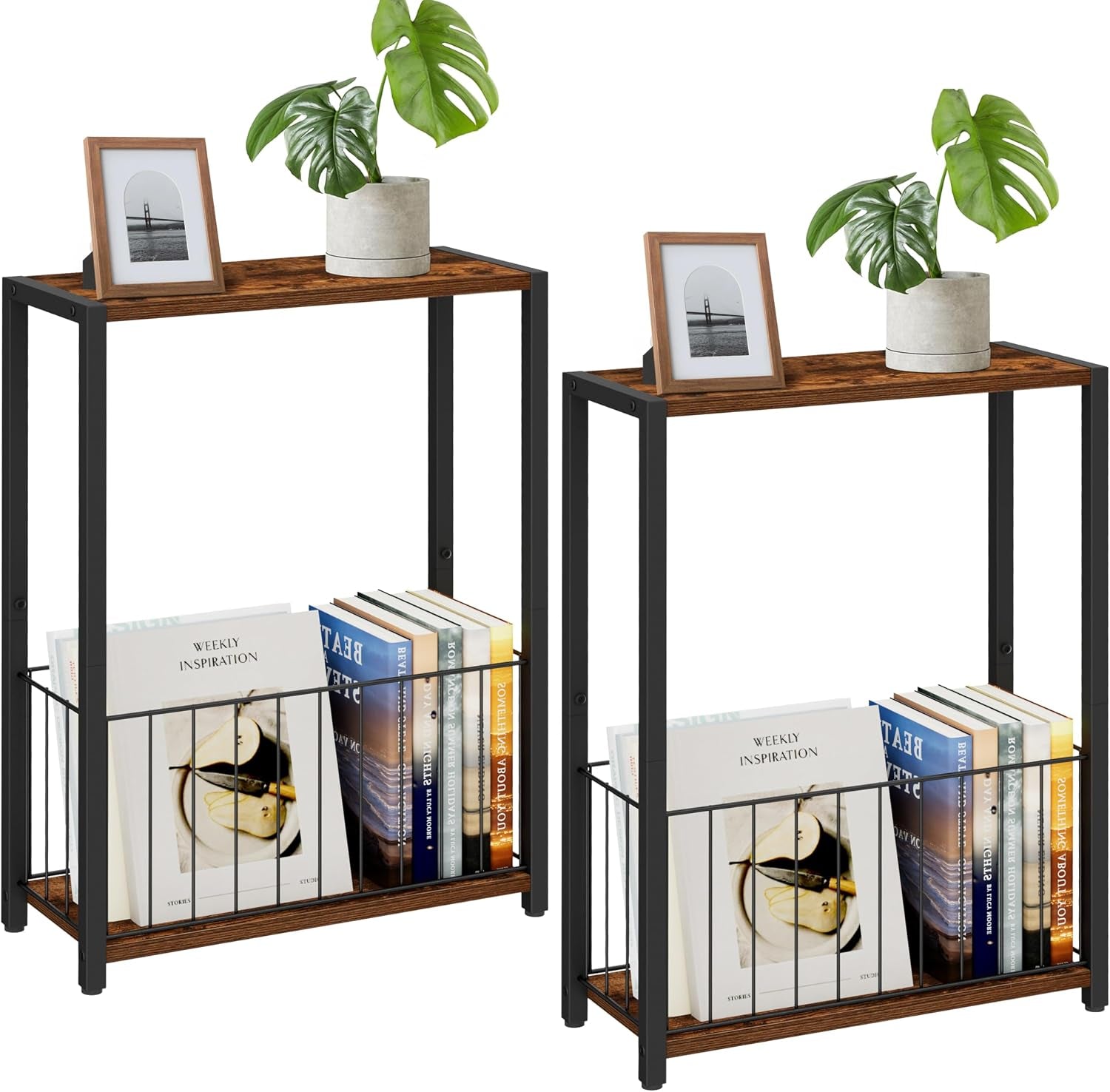 Two narrow side tables with dark brown wood tops, black metal frames and lower wire magazine baskets, styled with books and