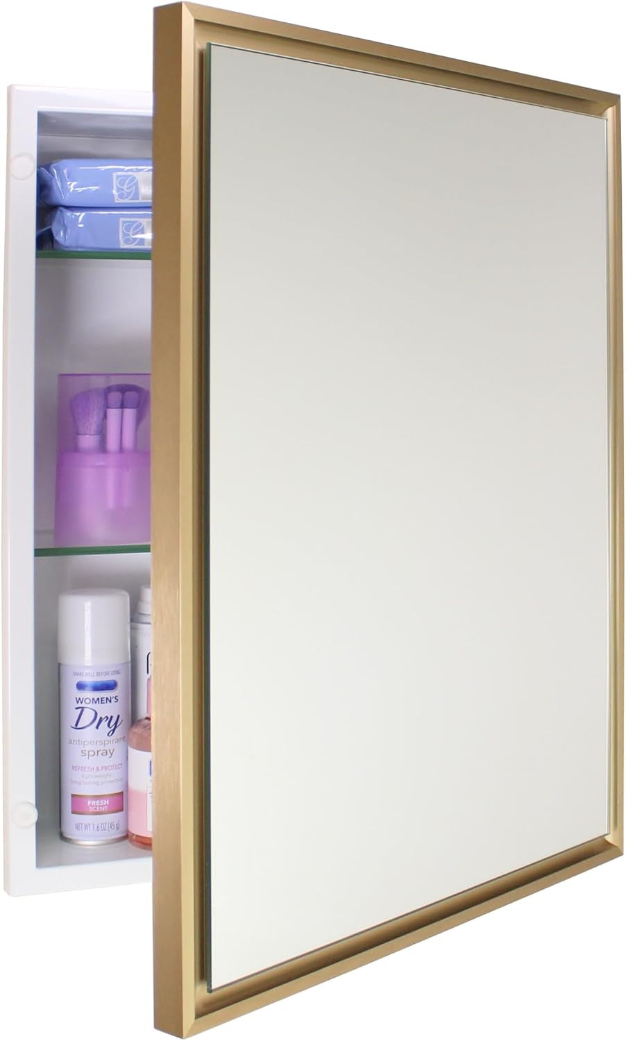 Gold framed recessed medicine cabinet angled front view with door open showing two glass shelves and toiletries