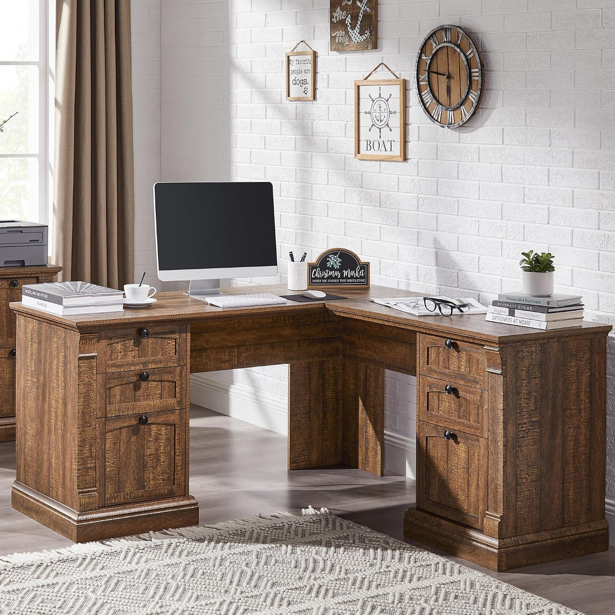 L-shaped wooden corner desk in warm brown finish with two pedestals and decorative knobs