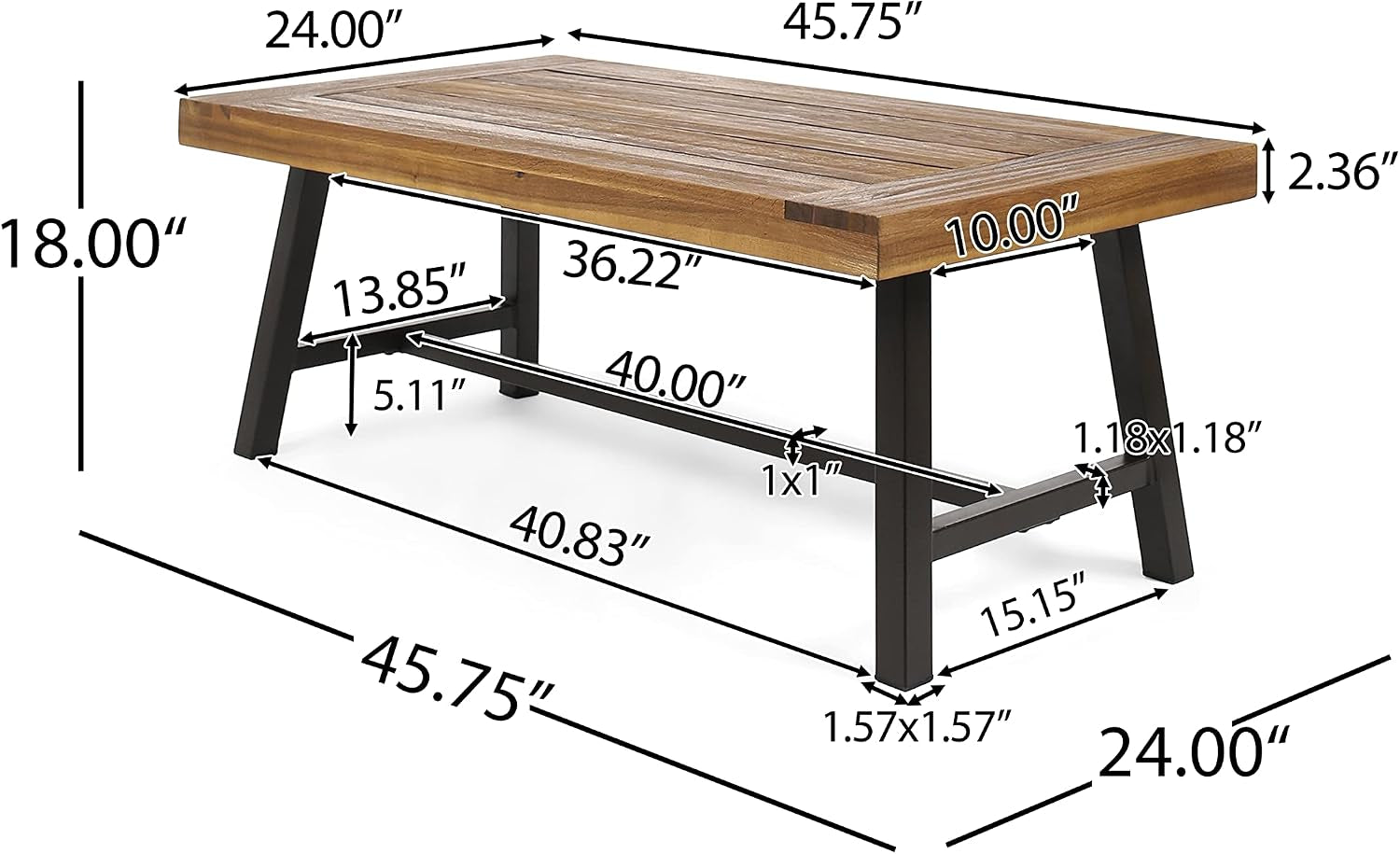 Coffee table dimensions diagram showing 45.75" width, 24" depth and 18" height with leg and stretcher measurements
