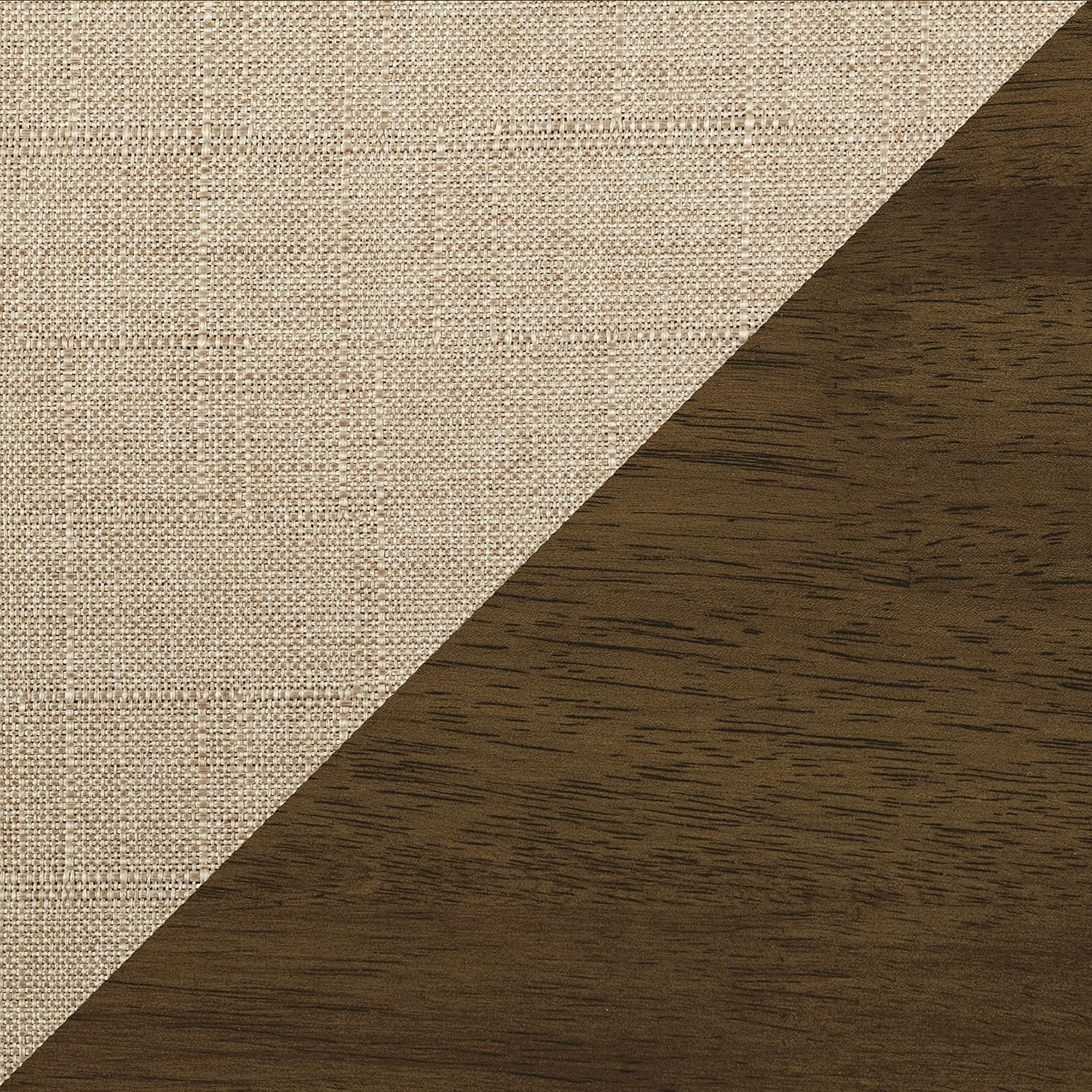 Diagonal swatch: light beige woven fabric texture above and dark walnut wood grain below.