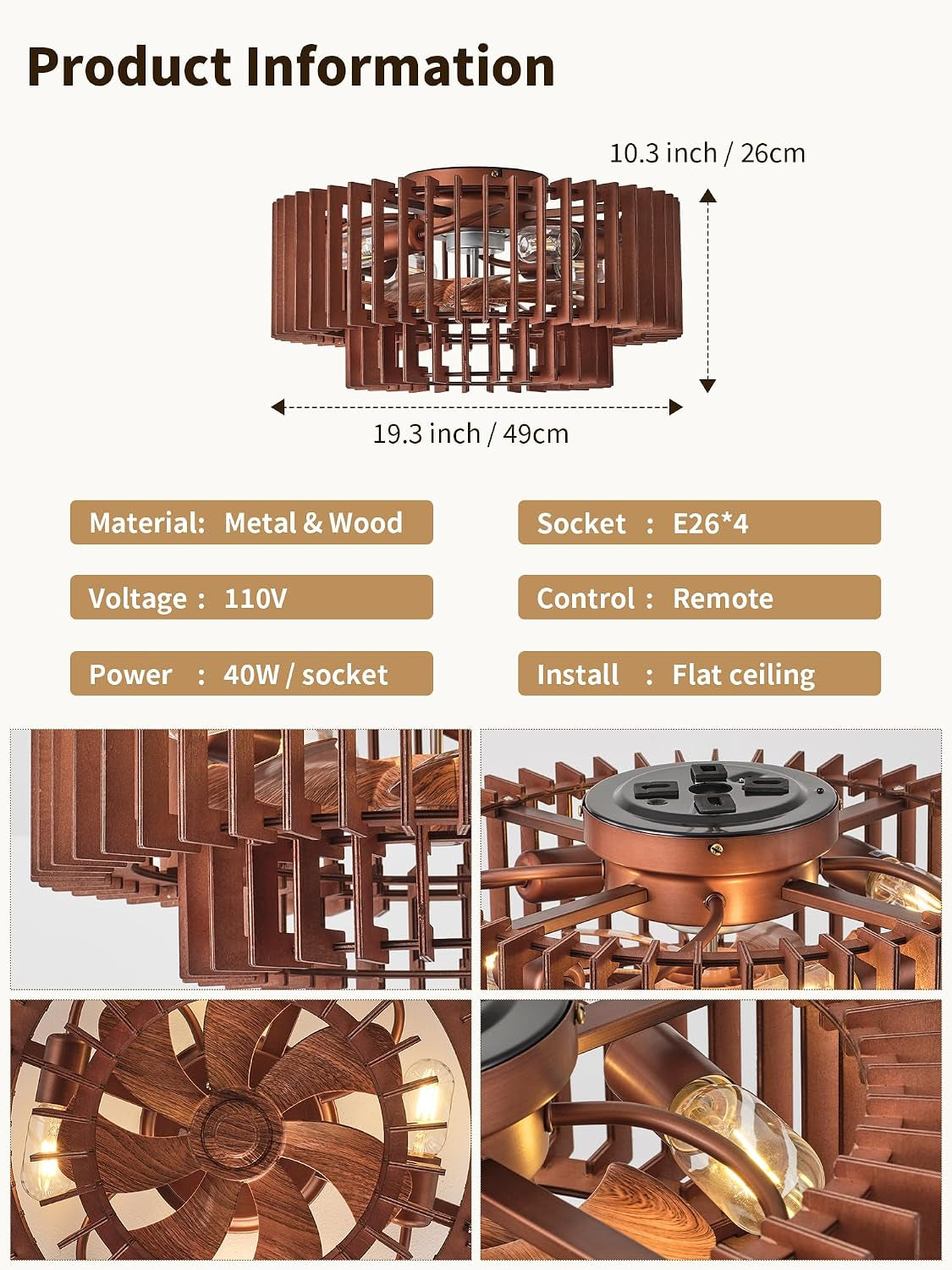 Product info collage showing the brown wood-caged fan with measurements and multiple detail close-ups.
