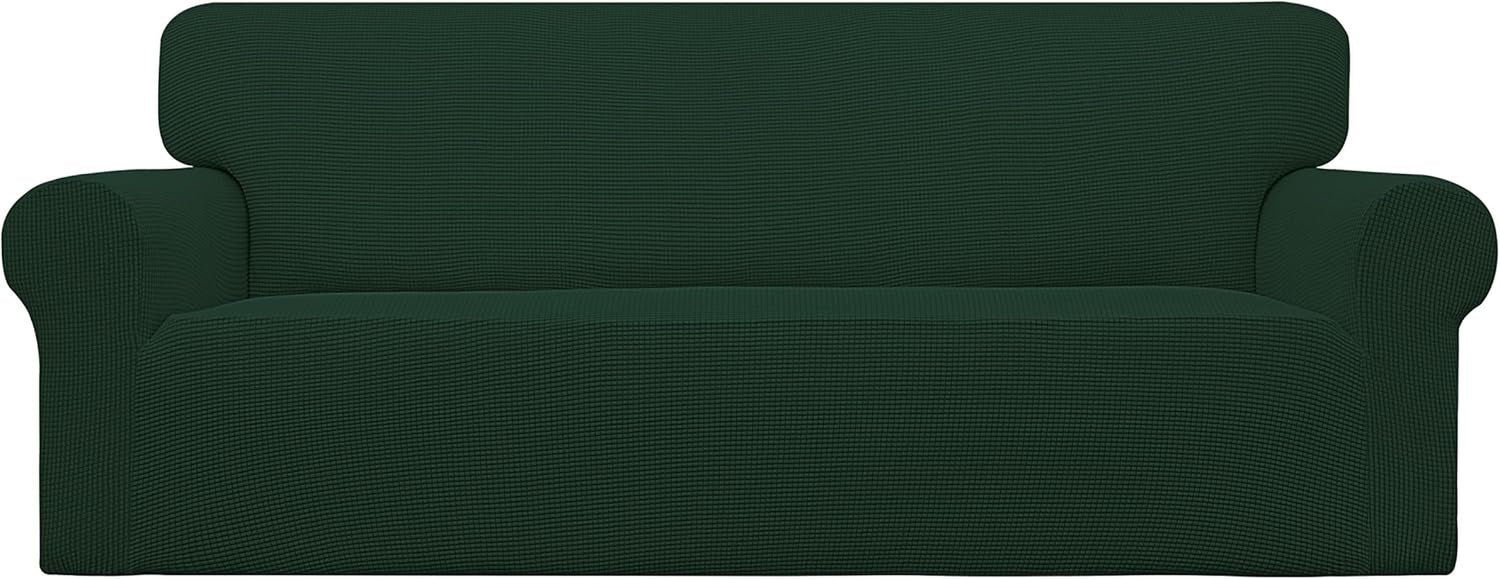 Front view of a two-seat loveseat covered in a deep green textured stretch slipcover