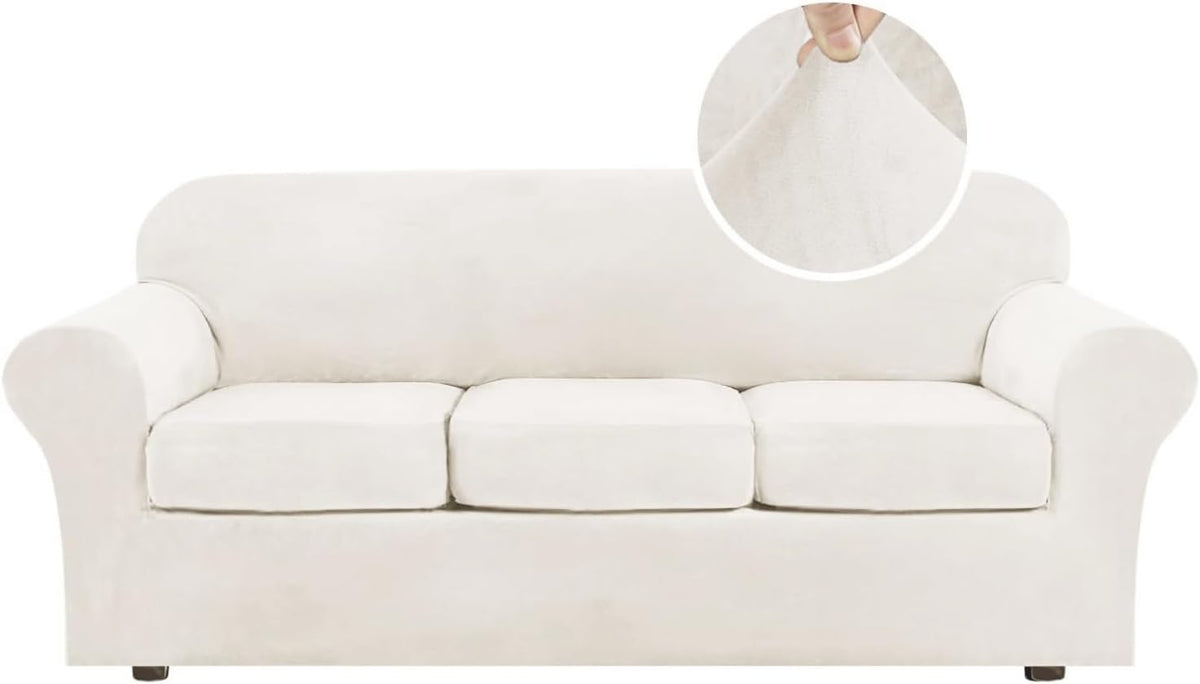 Front-facing three-seat sofa covered in an off-white/ivory velvet slipcover with a round inset showing fabric texture being
