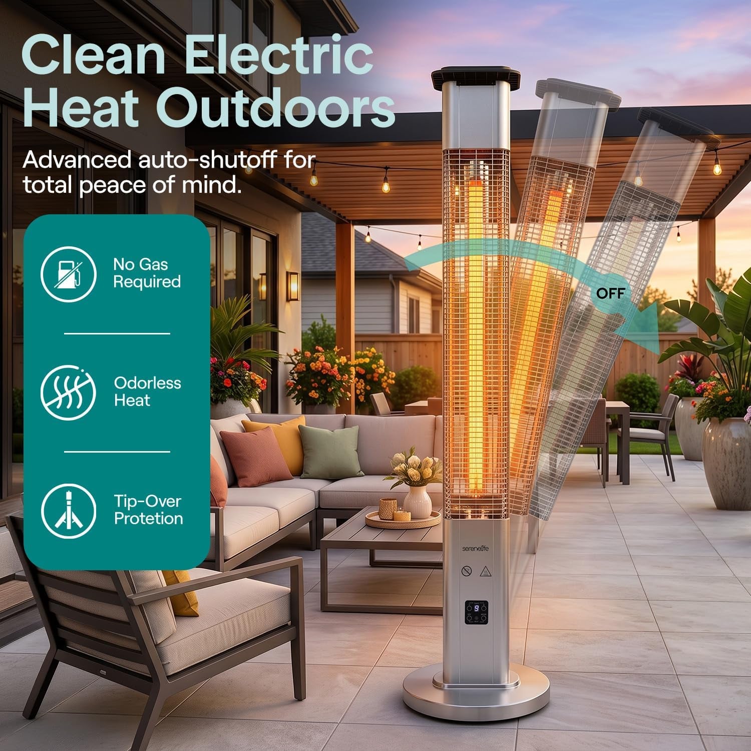 Patio heater shown tilting off with graphic overlays highlighting tip-over protection on a patio setting