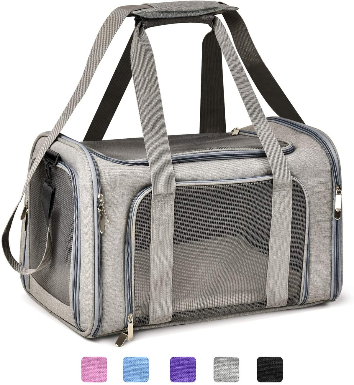 Front three-quarter view of a gray soft-sided pet carrier with mesh windows, dual handles and zipper pulls.