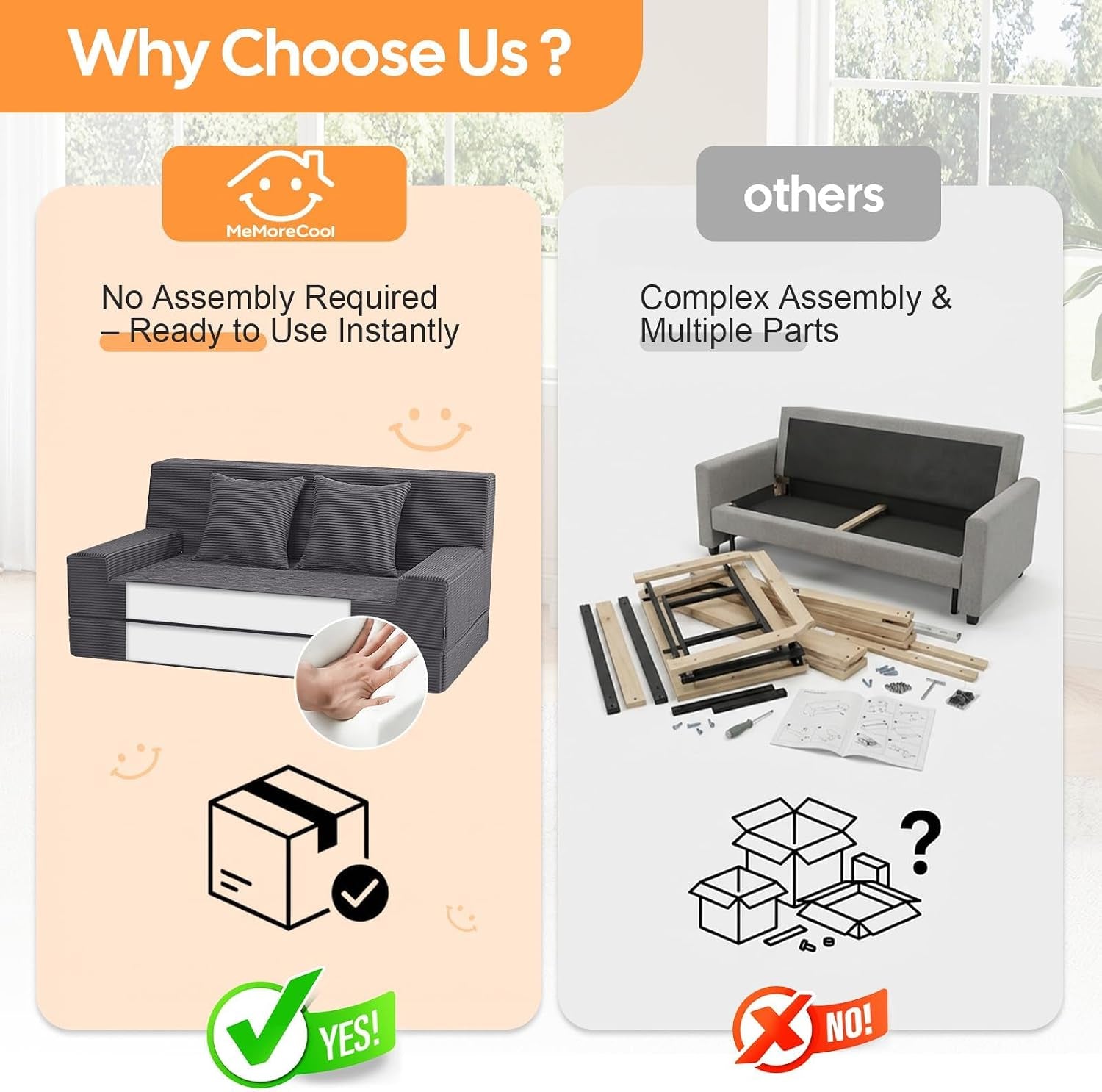 Split graphic: ready-to-use assembled sofa on left and scattered disassembled sofa parts on right.