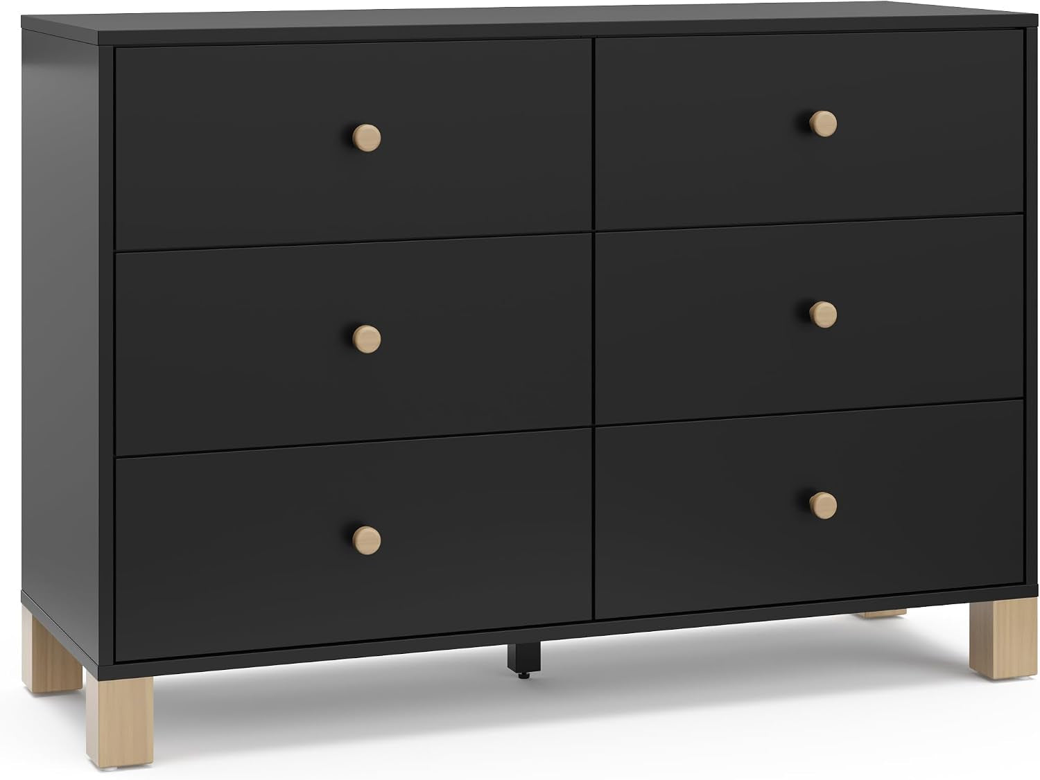Front view of a six-drawer black dresser with six light-wood knobs and square legs.