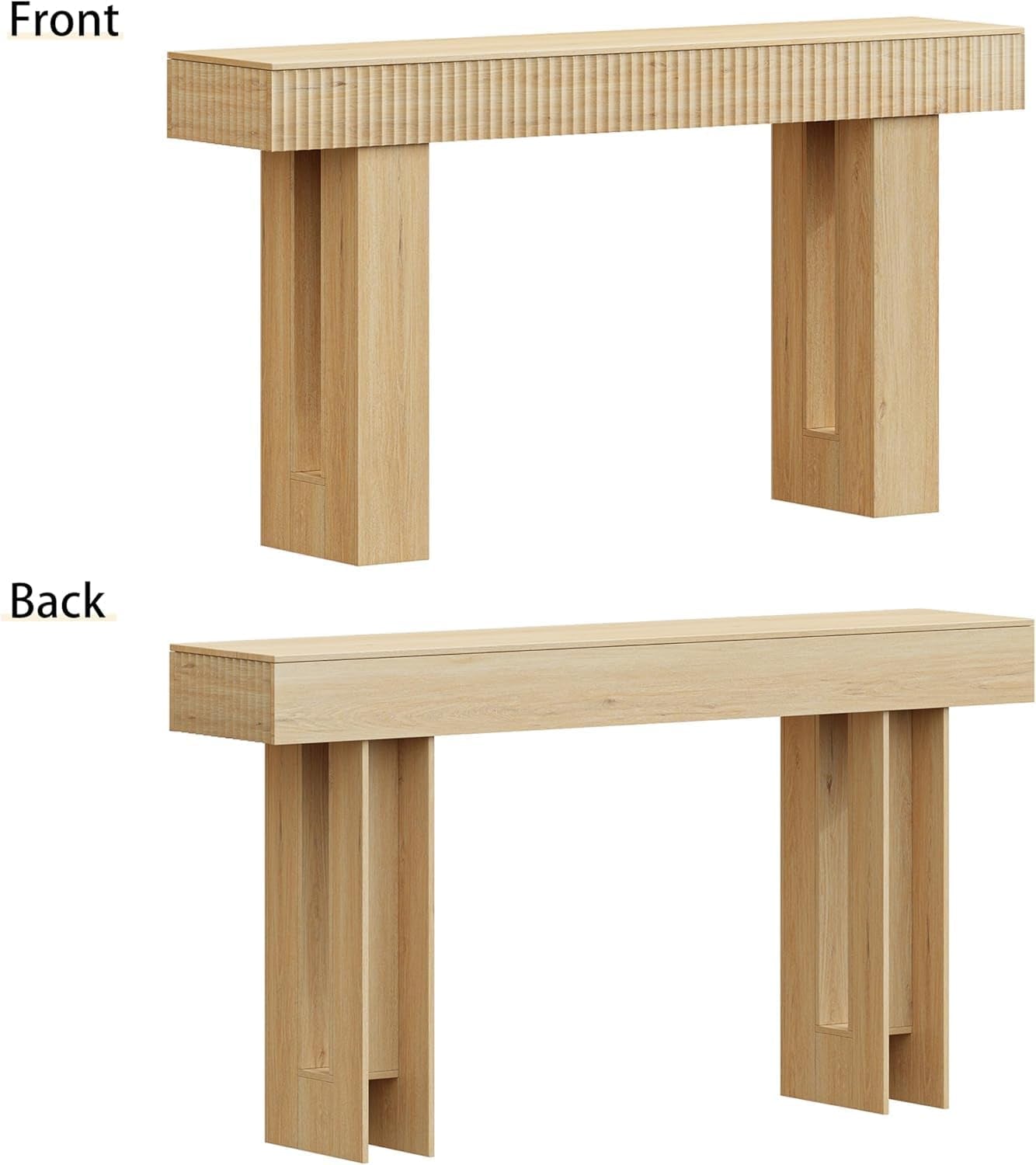 Studio front and back product views showing the fluted front edge and plain back panel of the console.