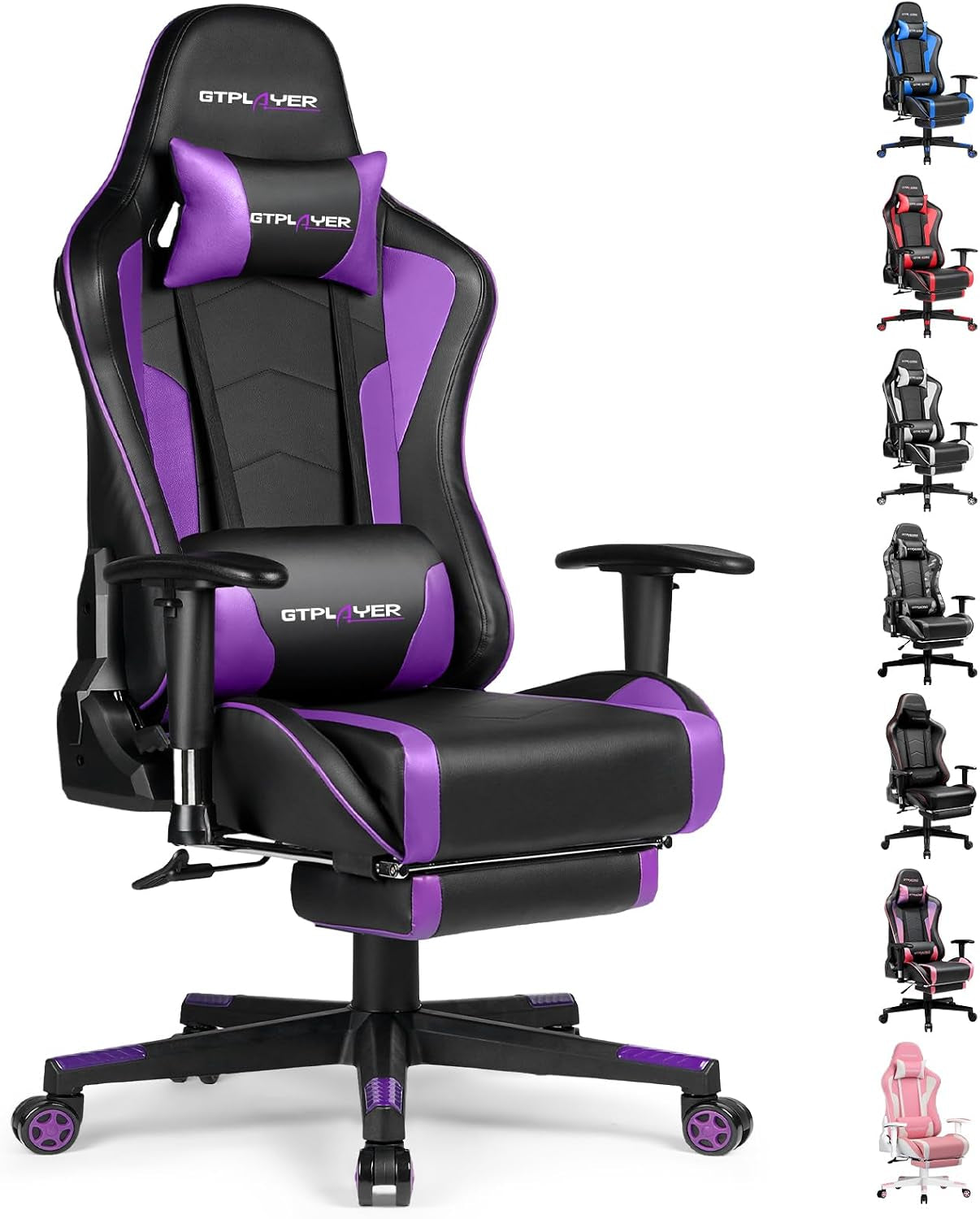 Black gaming chair with purple accents, adjustable armrests, footrest and matching lumbar and head pillows.