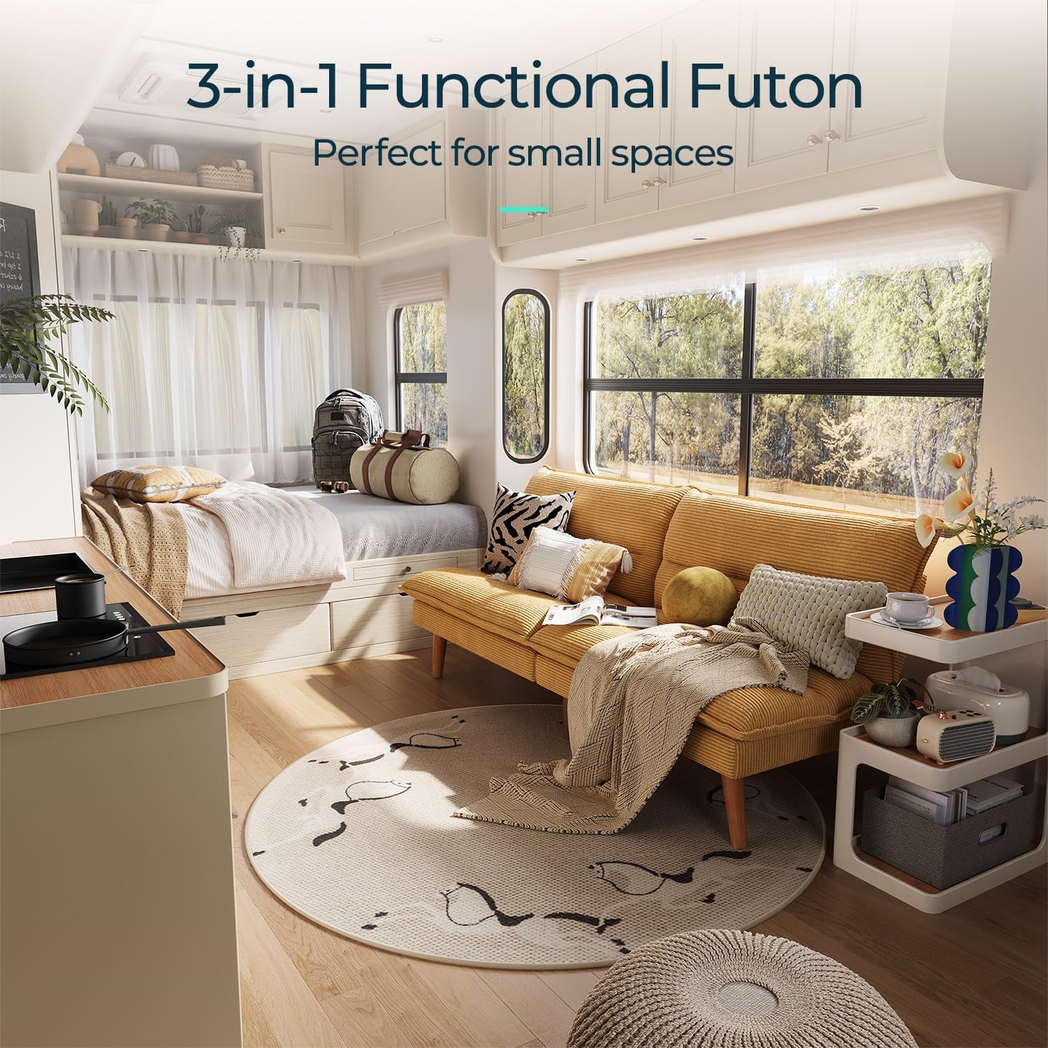 Interior daytime scene with a mustard corduroy futon loveseat next to a built-in bed and large windows