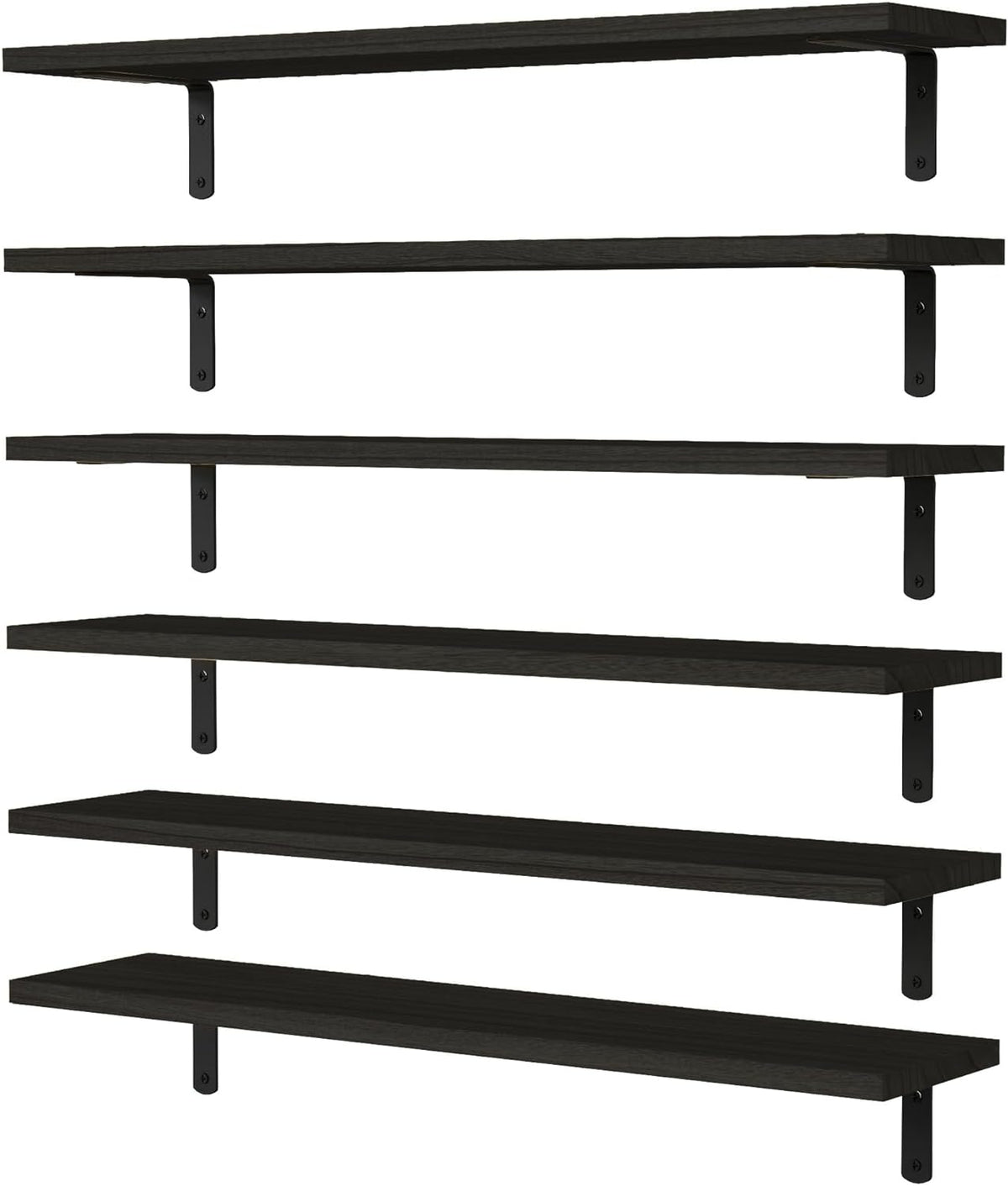 Stack of dark wood floating shelves with black metal supports, displayed against white background