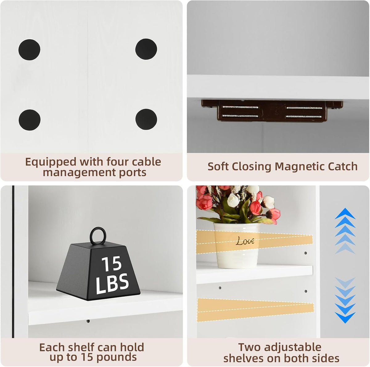 Detail shots showing four cable-management holes and a soft-closing magnetic door catch