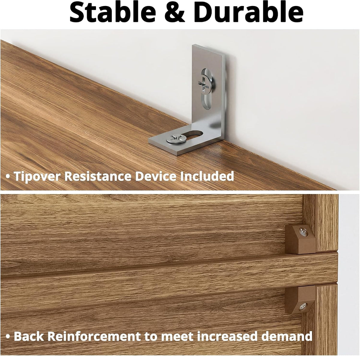 Close-up of metal tipover-resistance bracket and back reinforcement on oak brown bookcase