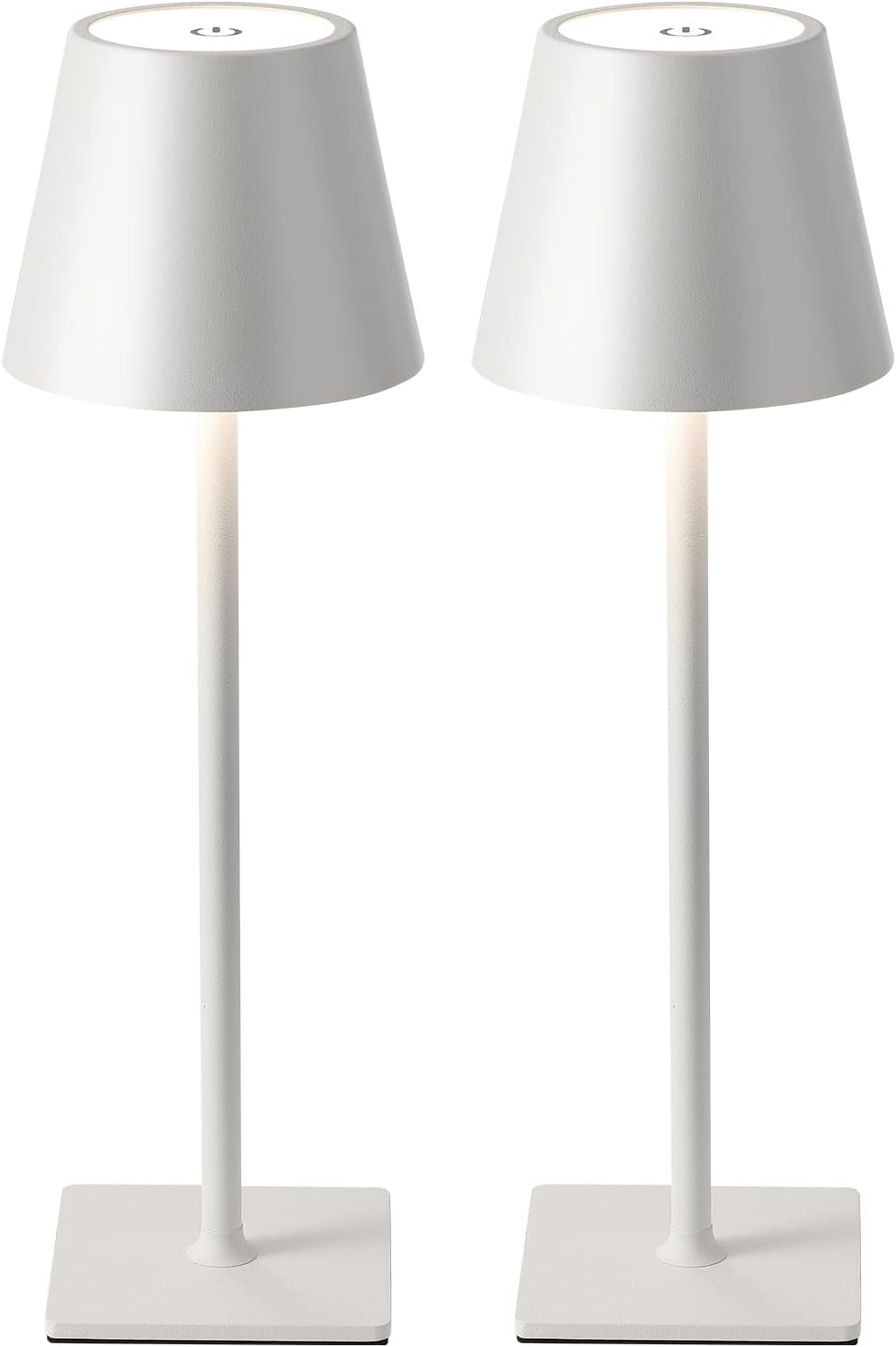 Pair of white cordless table lamps shown front-on with square bases and round touch tops