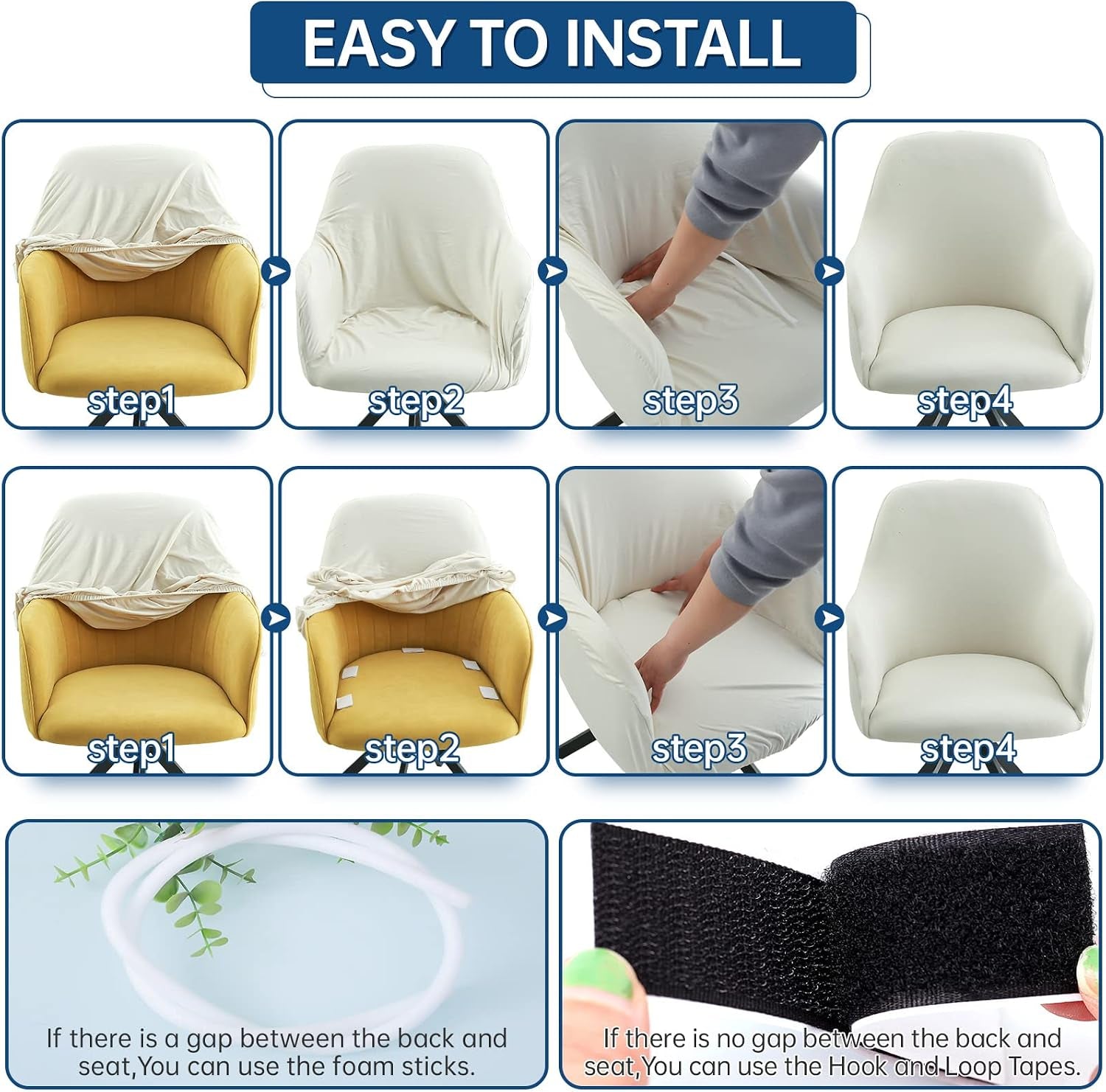 Step-by-step installation collage showing pulling cover over chair, tucking with foam sticks and using hook-and-loop tape
