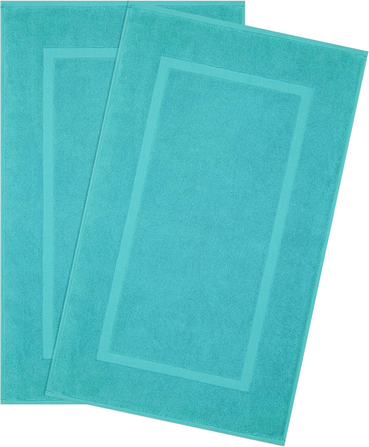 Two rectangular turquoise bath mats overlapped, each with a recessed inner border.