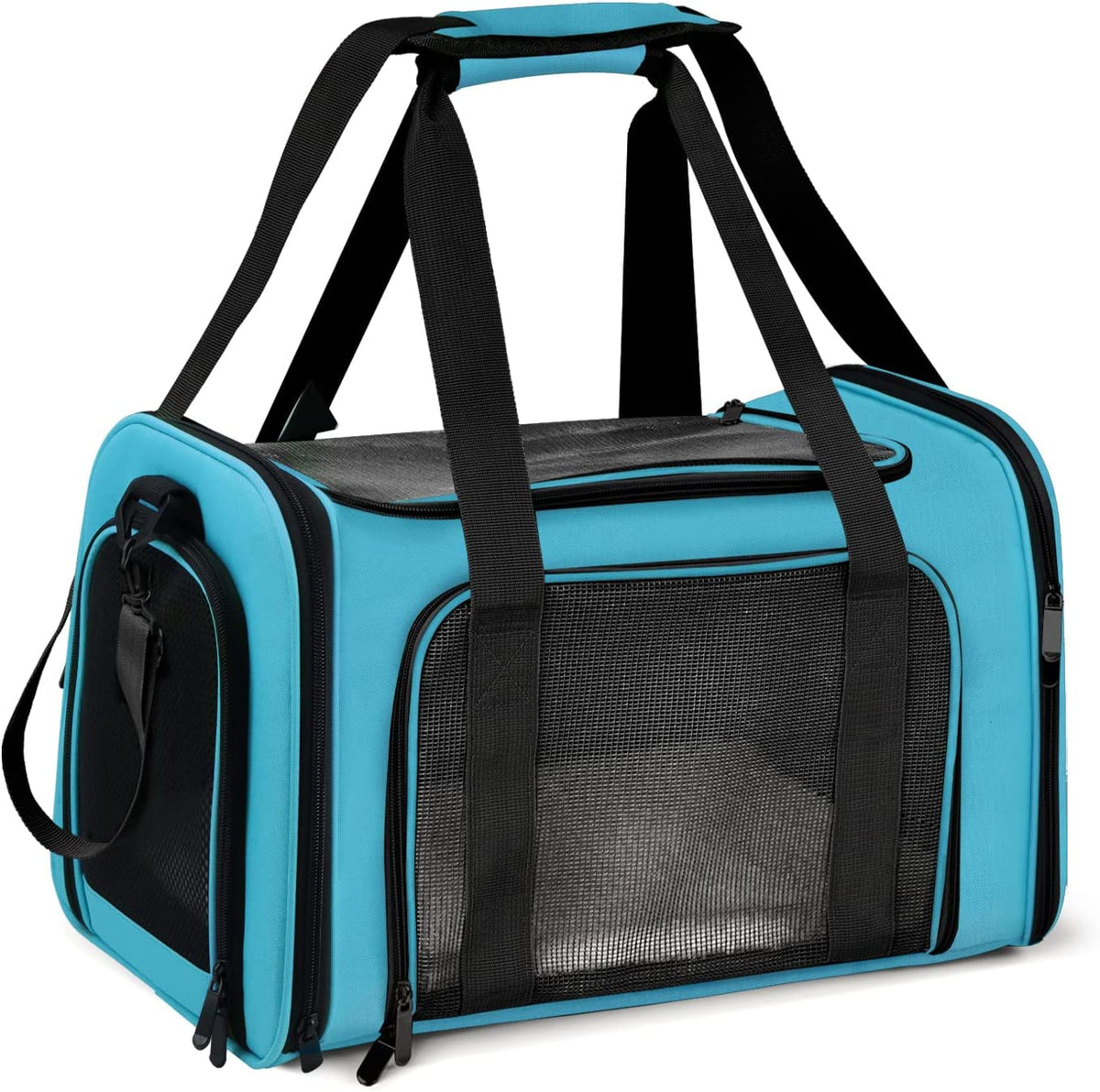Angled front view of a turquoise blue soft-sided pet carrier with zippered openings and black trim