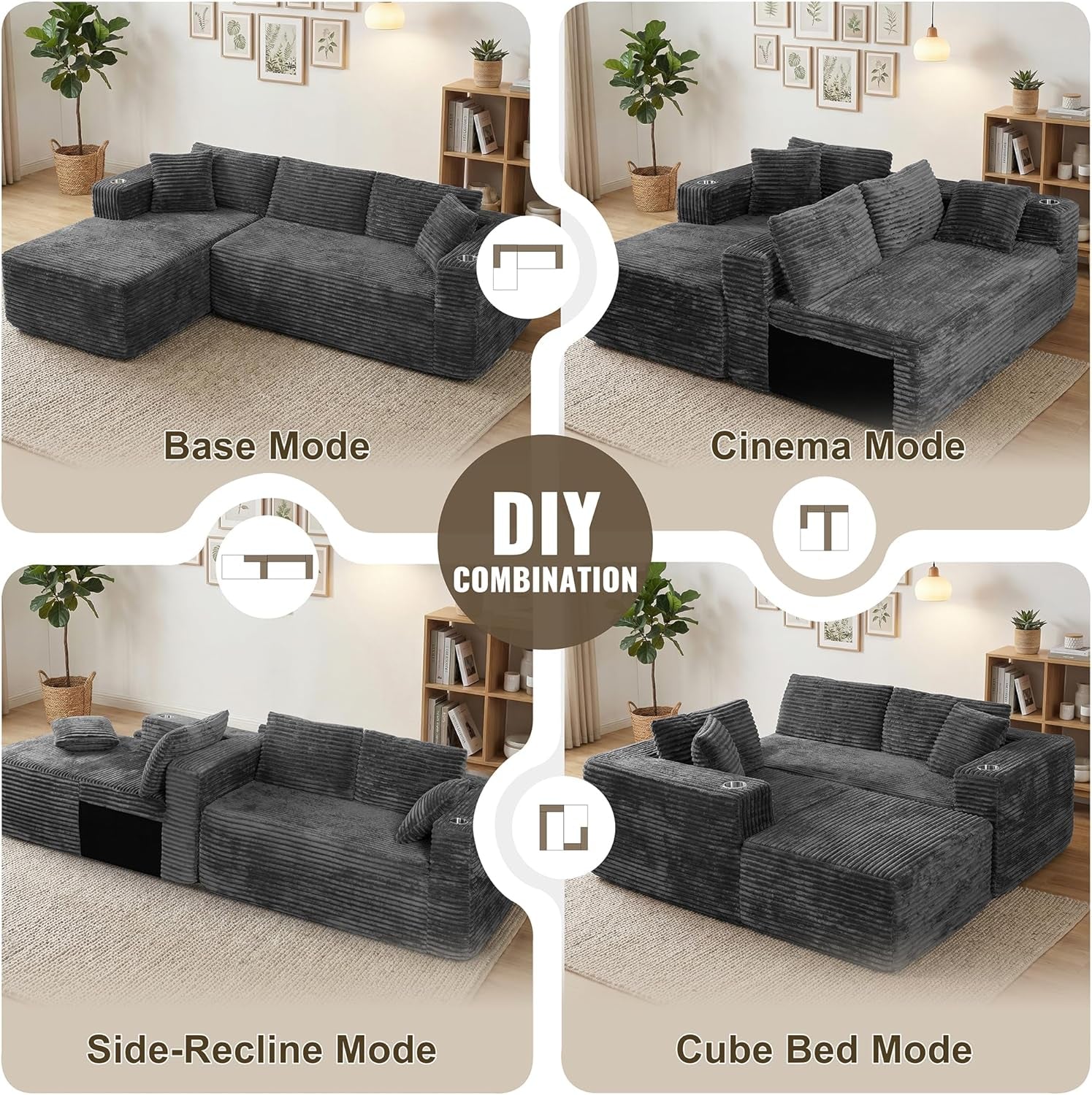 103" Boneless Couches for Living Room with 2 Cup Holders,L Shaped Modular Sectional Sofa Set,No Assembly Needed Plush Corduroy Living Room Set,Dark Gray