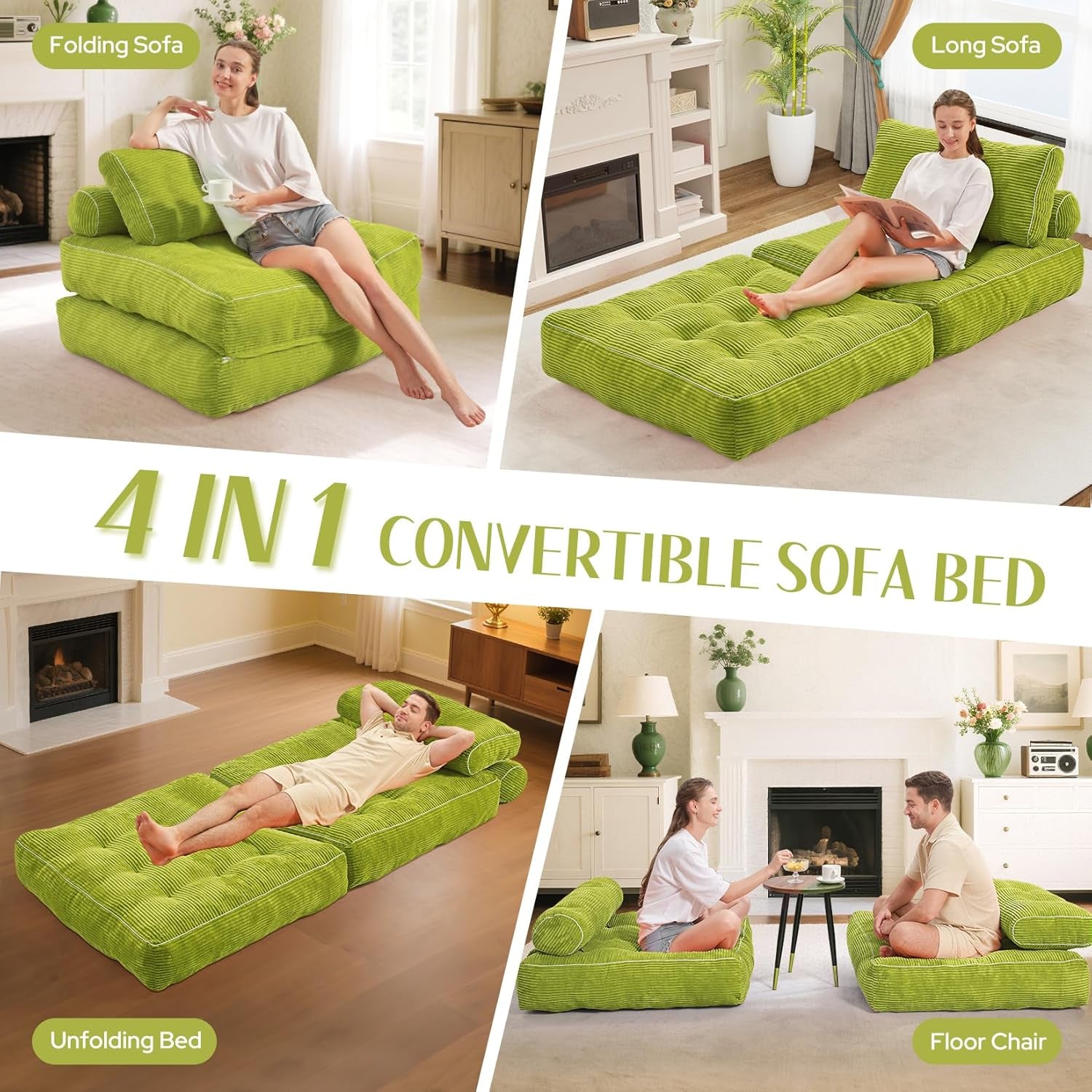 Collage showing a lime-green corduroy foldable sofa in four configurations with people using it.