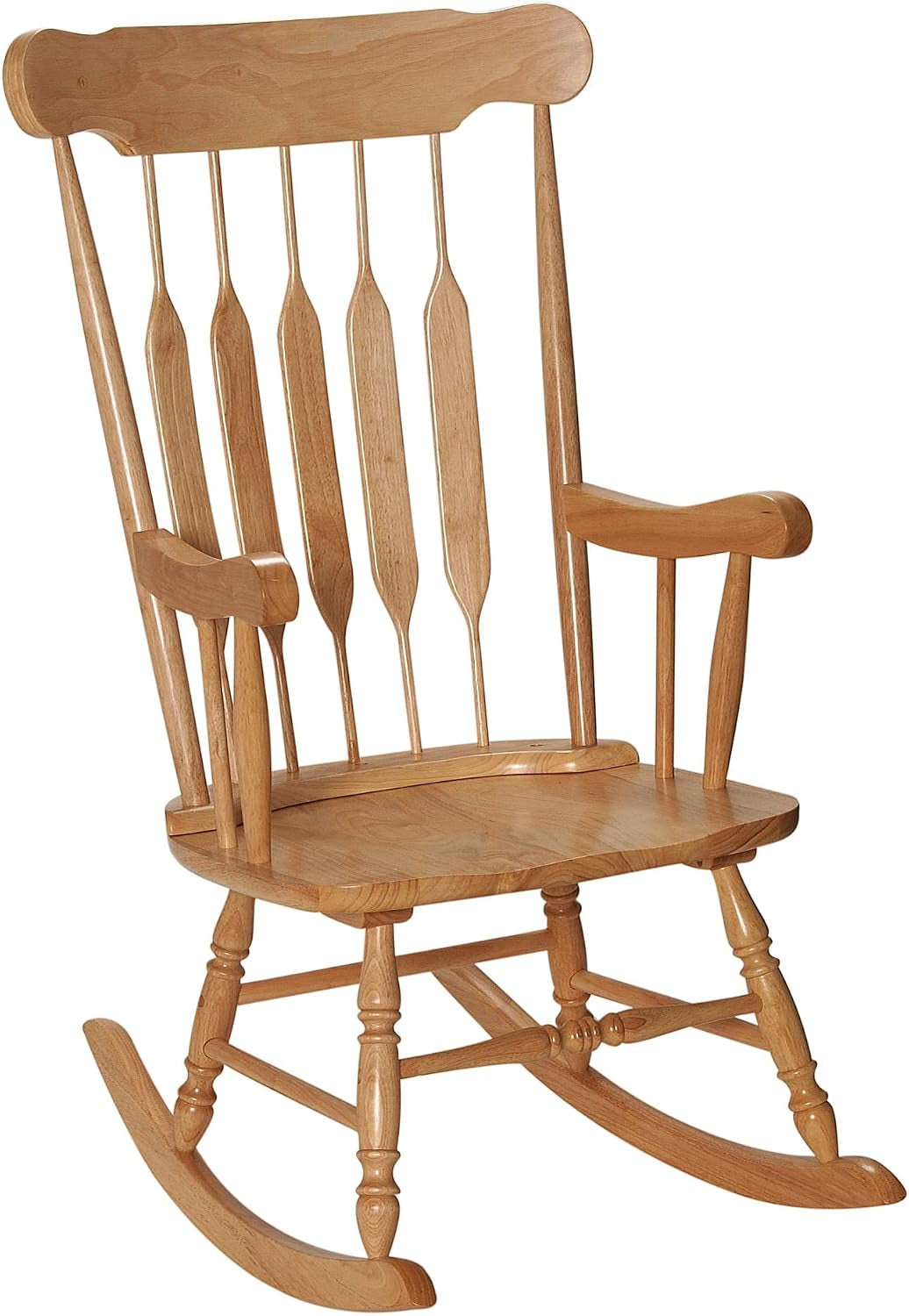 Natural wood finish rocking chair angled portrait showing seat, full back with paddle spindles and turned legs