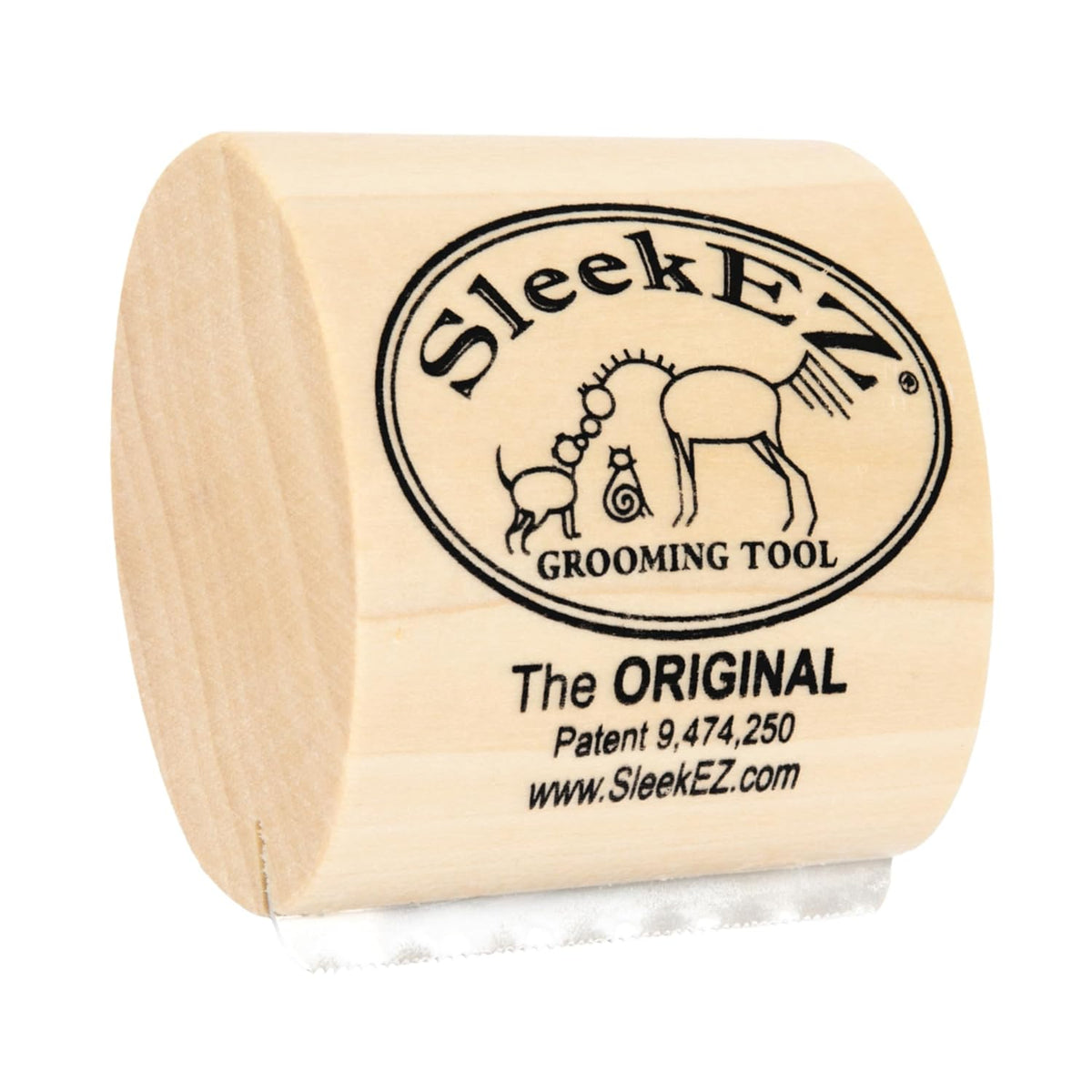 Tight close-up of the rounded wooden end of the brush showing the printed logo and a sliver of the metal blade.