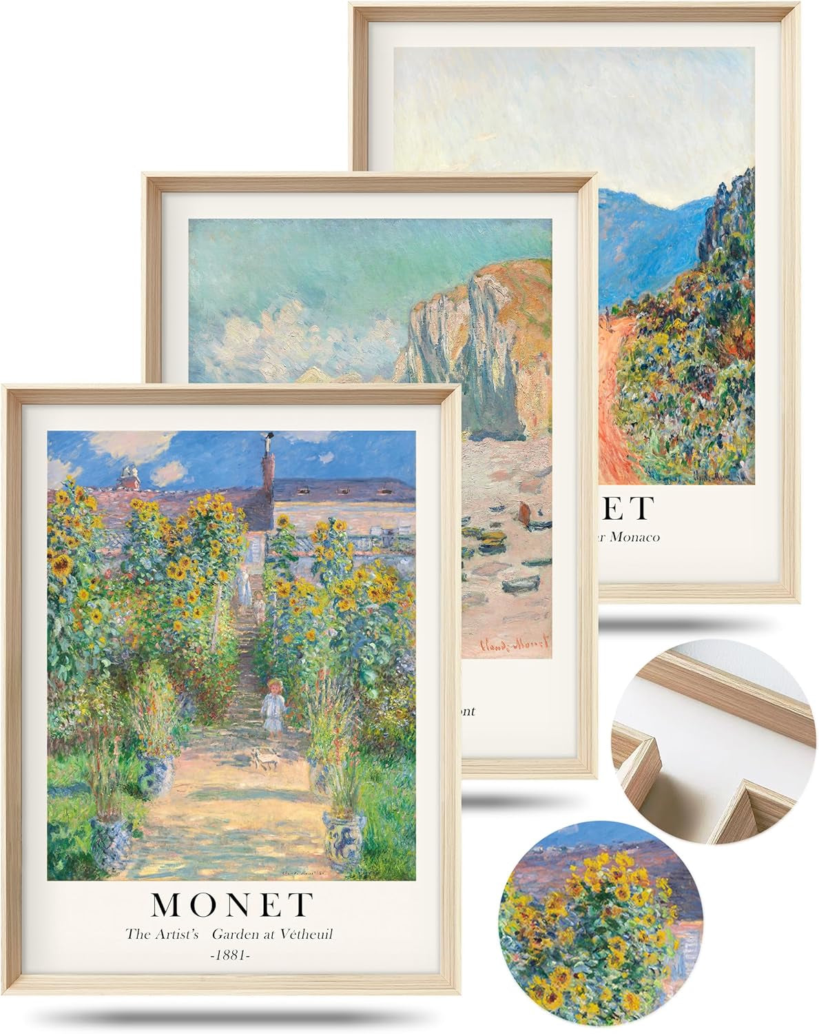 Three overlapping framed Impressionist landscape prints with a sunflower scene in front and circular close-up of frame and