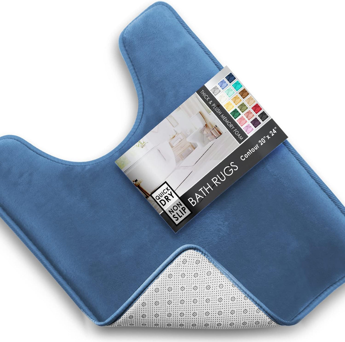 Top-down view of a blue U-shaped contour mat with packaging placed across the center and a visible corner of the non-slip