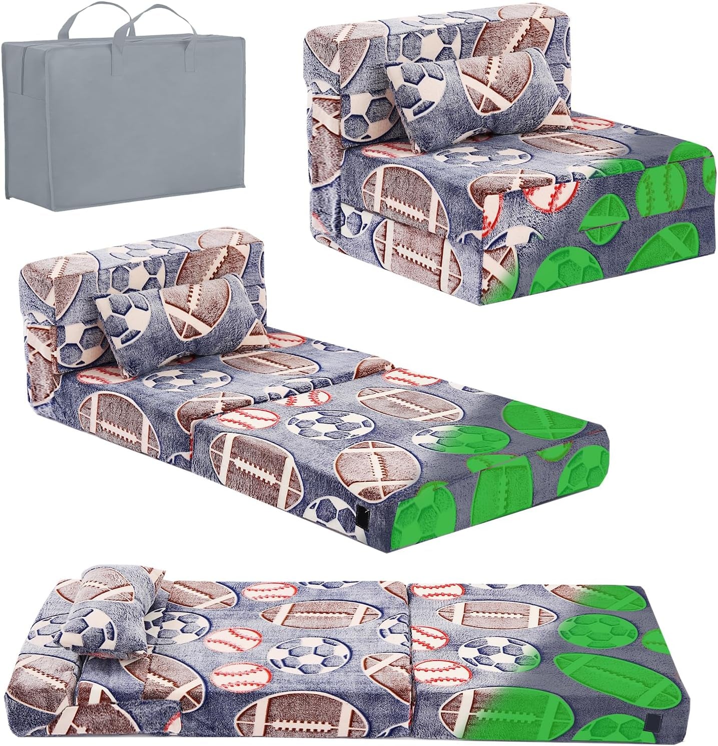 Multiple studio views of a kids folding mattress with sports-ball print and a gray storage tote.