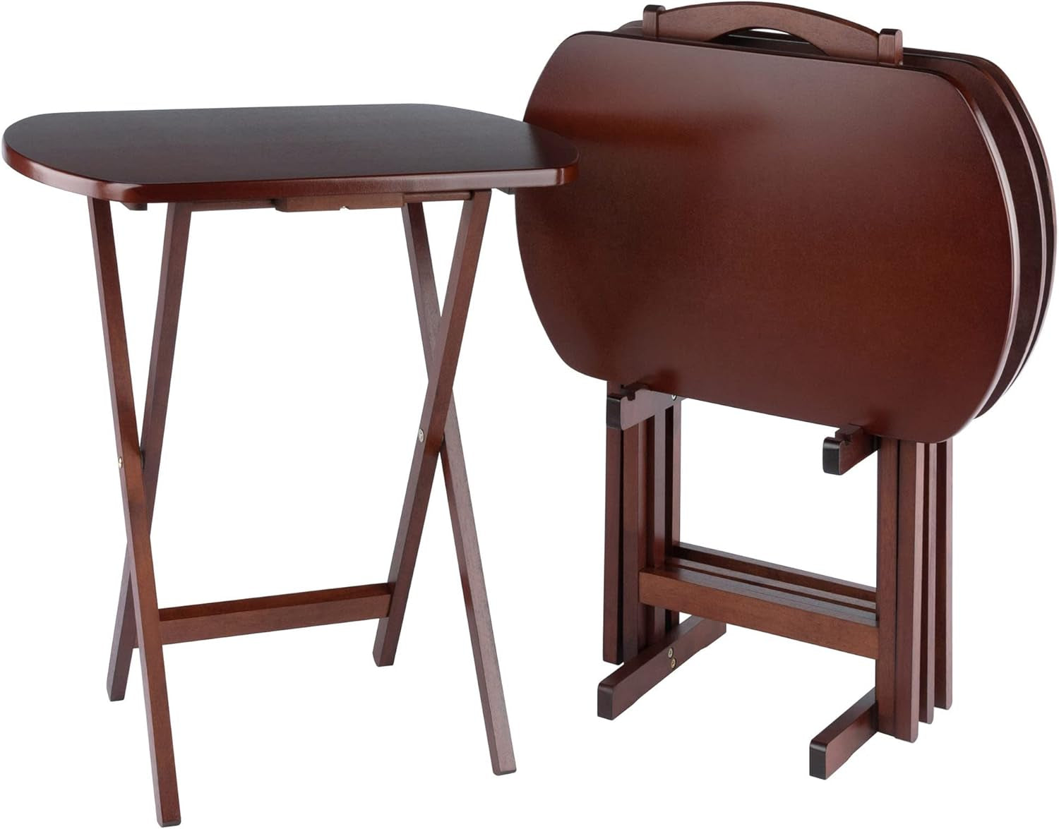 One brown foldable snack table set up beside a folded matching table stored on a wooden stand