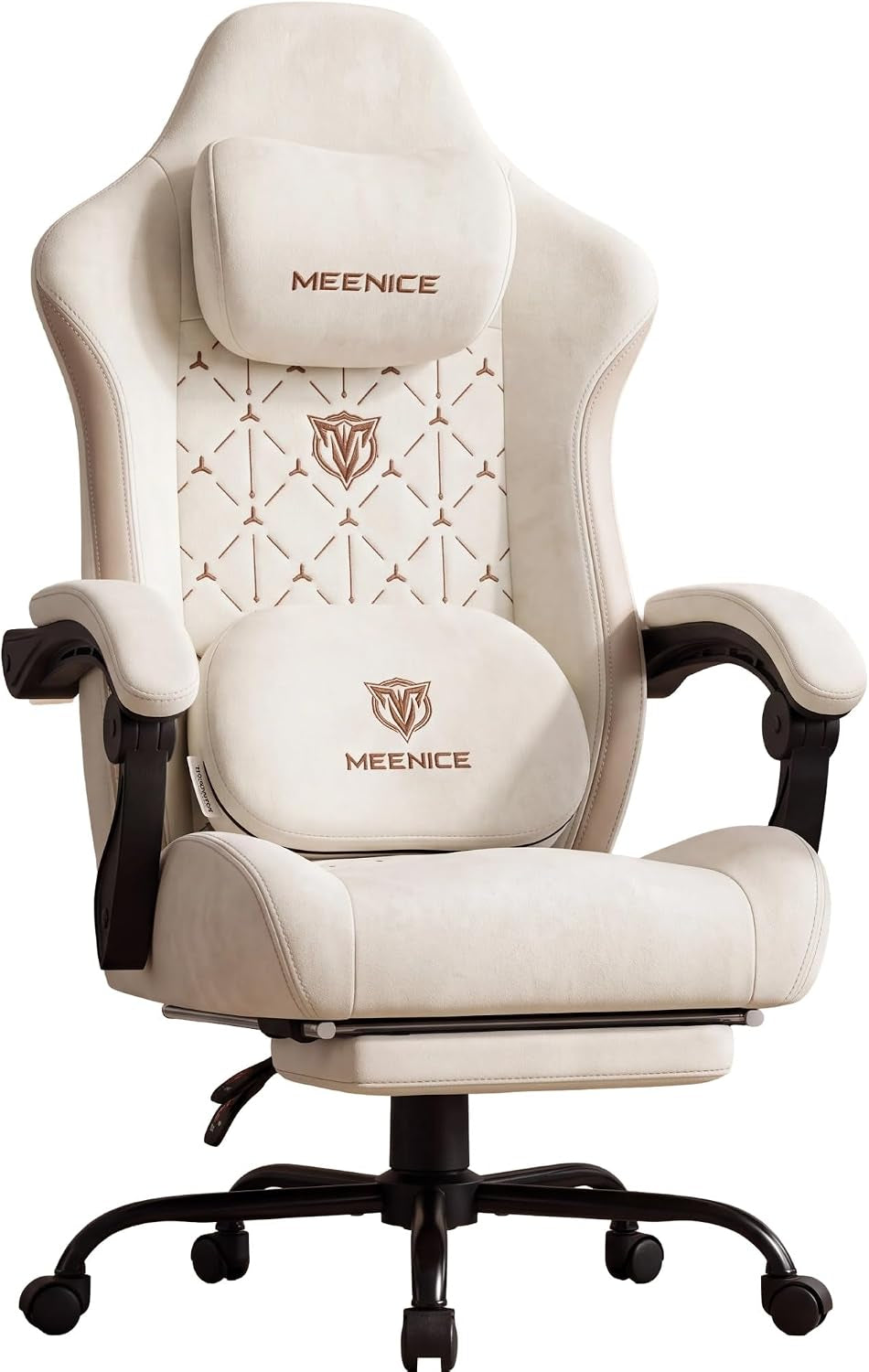 Cream high-back gaming chair on white background with matching lumbar cushion and black metal base