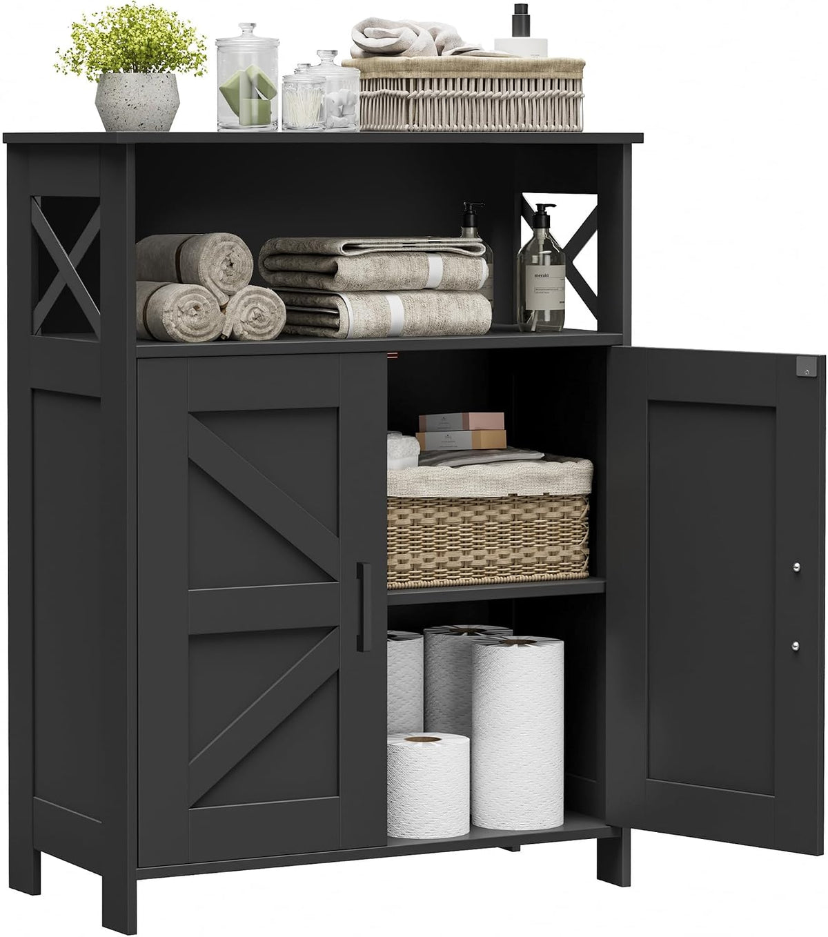 Black farmhouse bathroom floor cabinet with one door open showing adjustable interior shelf and stored towels and paper rolls