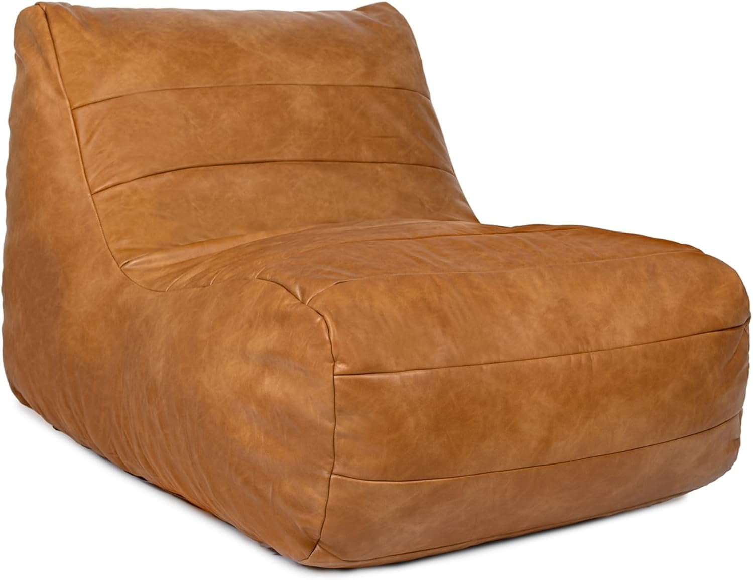 Close angled view of copper-hued vegan leather lounge chair on white background, stitching and panels visible