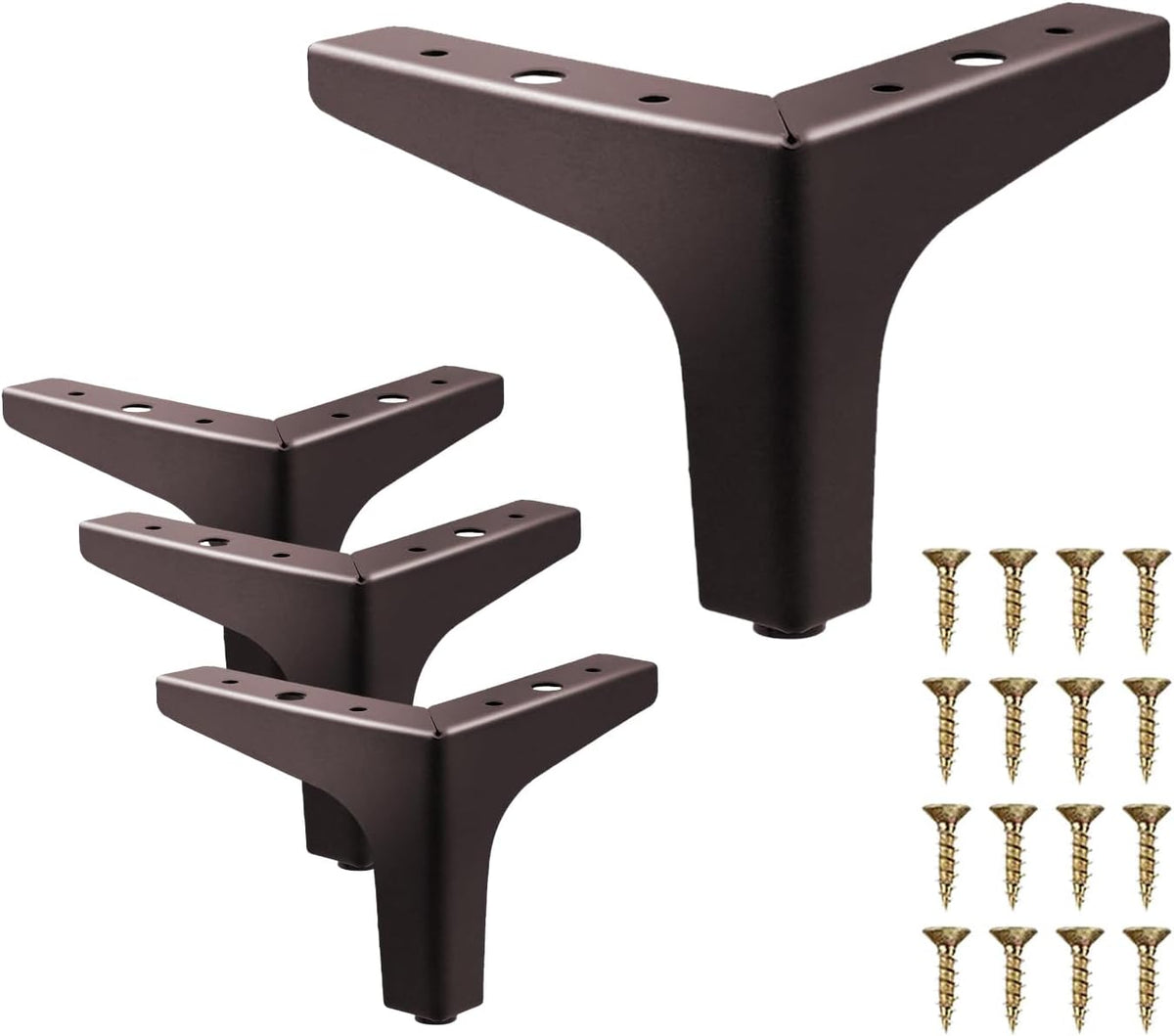 Three dark brown triangular metal legs shown from angled top and one close-up, with mounting screws at right