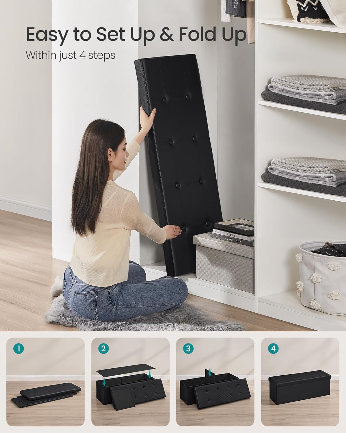 Woman placing a folded black faux-leather storage bench upright inside a closet, with four small step illustrations below.