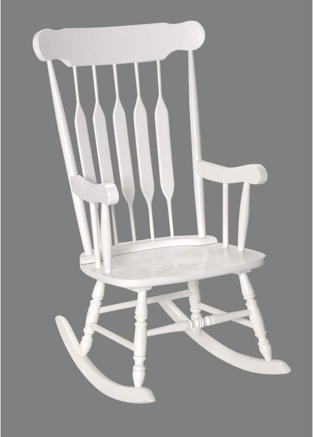White wooden rocking chair close-up angled view showing full back spindles and turned legs
