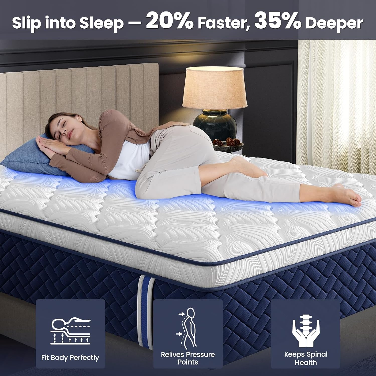 Side view of a woman sleeping on the mattress top showing body contouring and highlighted pressure-relief areas